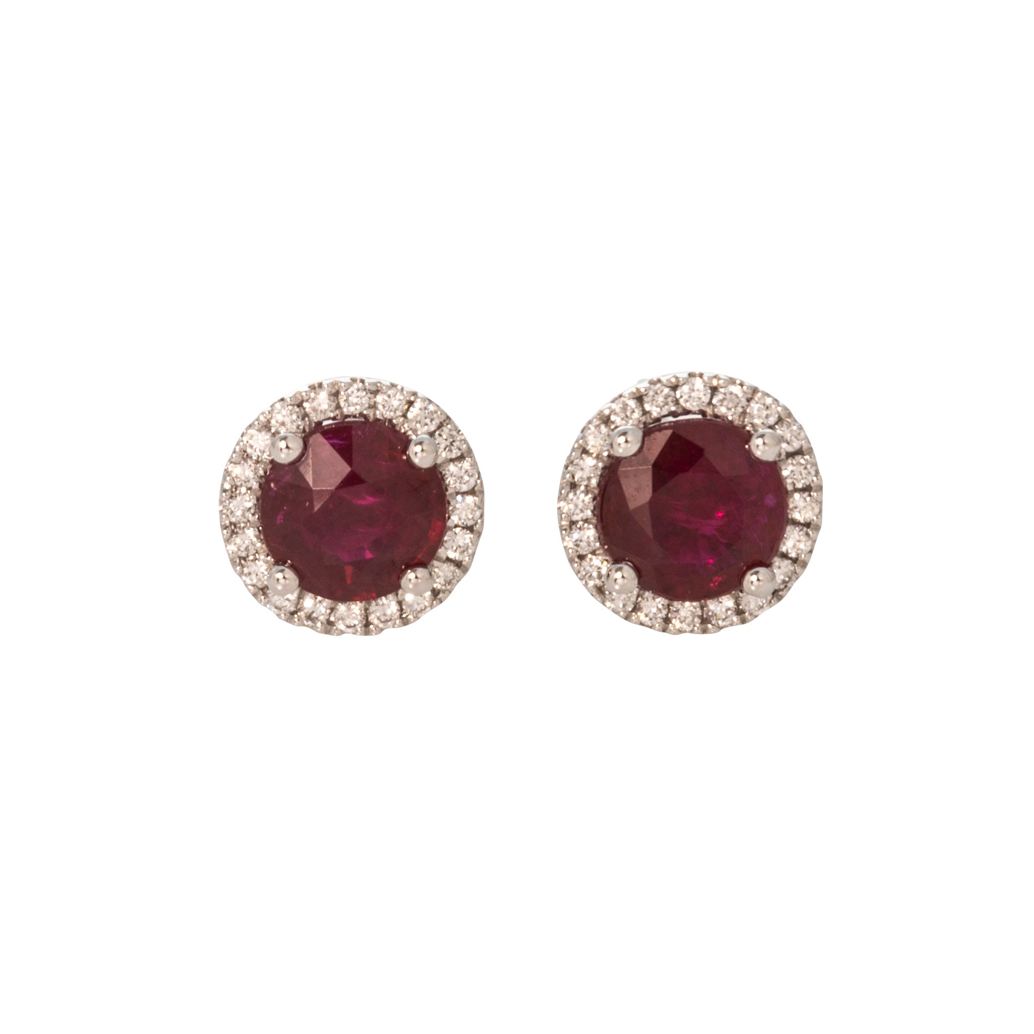 Ruby & Diamond Halo 18K White Gold Stud Earrings