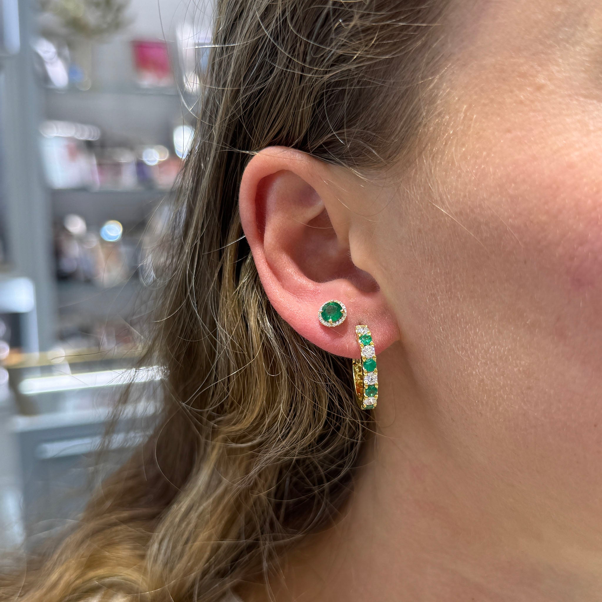 Emerald & Diamond 14K Yellow Gold Oval Hoop Earrings, Round Emerald & Diamond Halo 18K Yellow Gold Stud Earrings