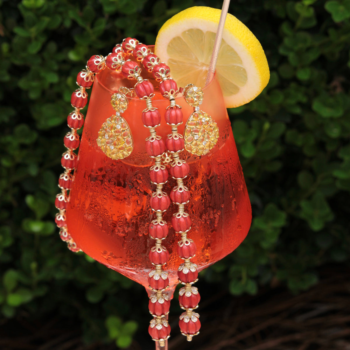 Yellow Sapphire & Diamond Pavé 14K Gold Drop Earrings, Carved Coral & Diamond 14K Gold Lariat Necklace