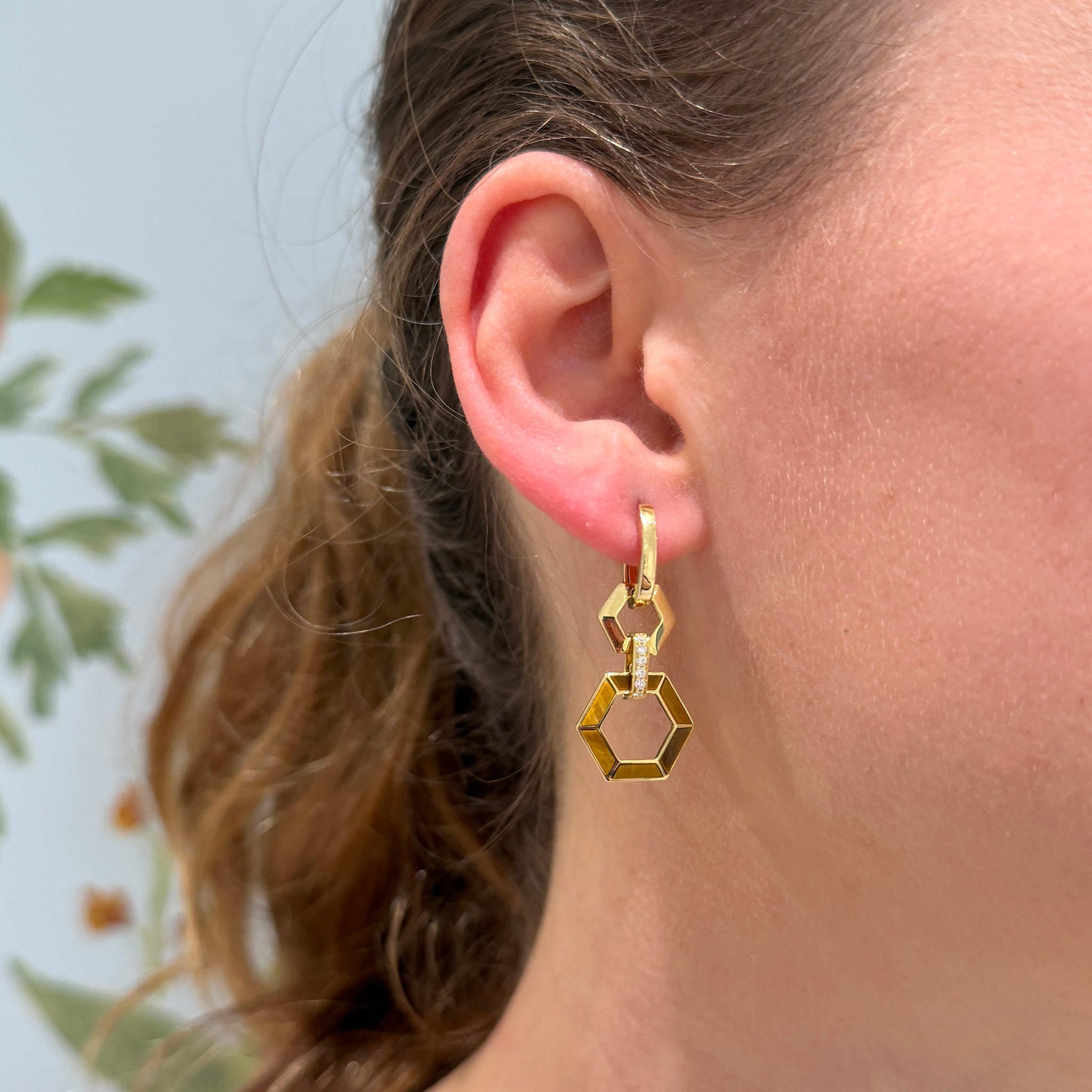 Tiger's Eye & Diamond 14K Yellow Gold Hexagon Drop Earrings