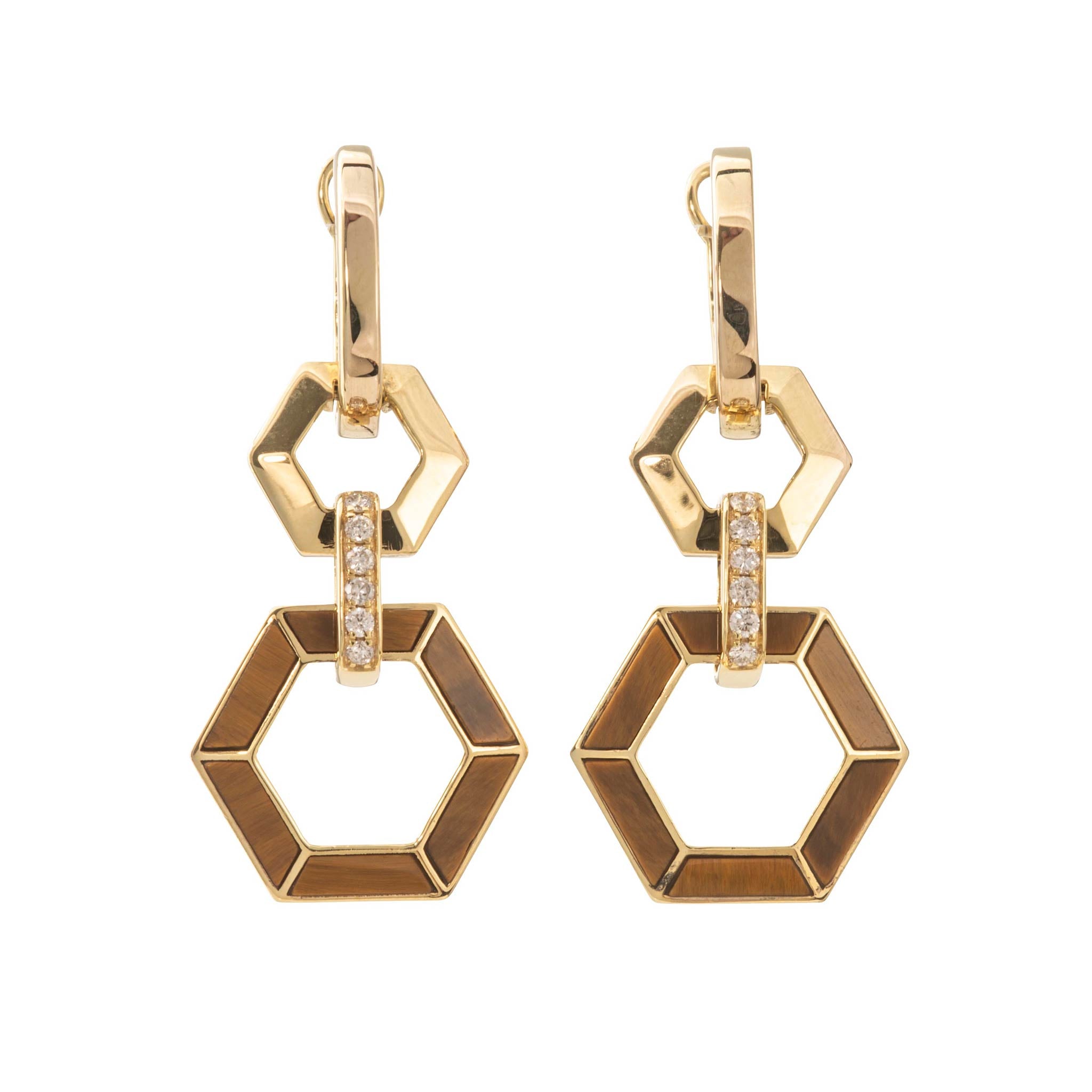 Tiger's Eye & Diamond 14K Yellow Gold Hexagon Drop Earrings