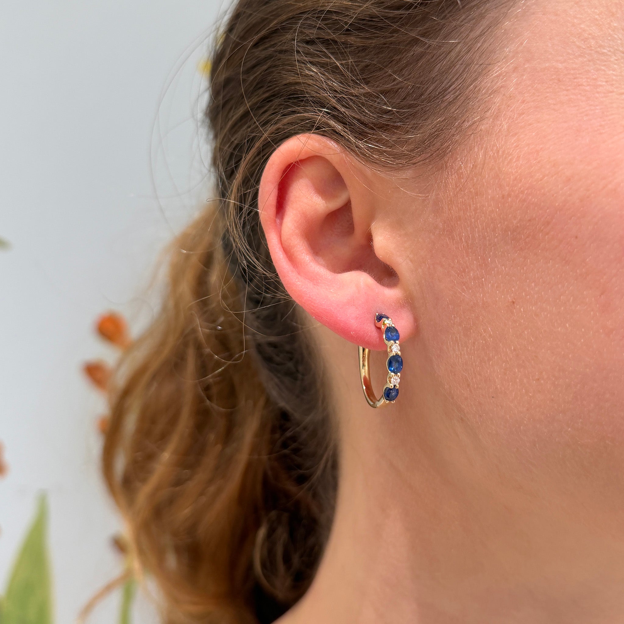 Oval Sapphire & Round Diamond 14K Yellow Gold Hoop Earrings