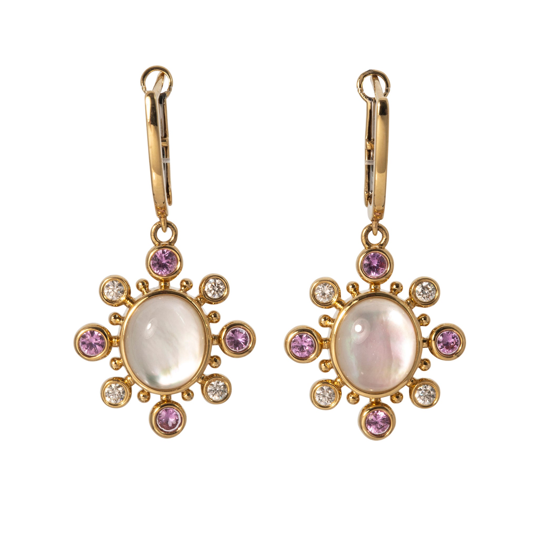 Mother of Pearl Doublet, Pink Sapphire & Diamond 18K Gold Drop Earrings
