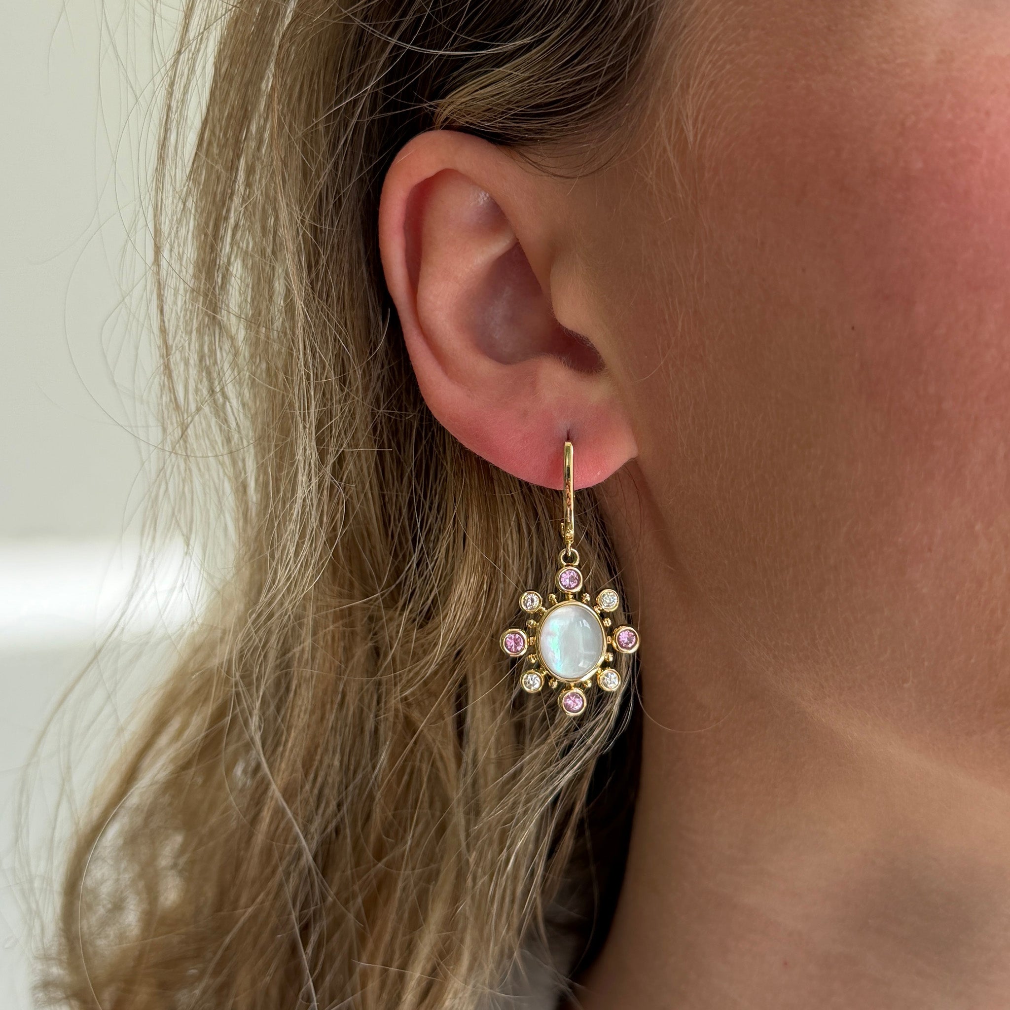 Mother of Pearl Doublet, Pink Sapphire & Diamond 18K Gold Drop Earrings