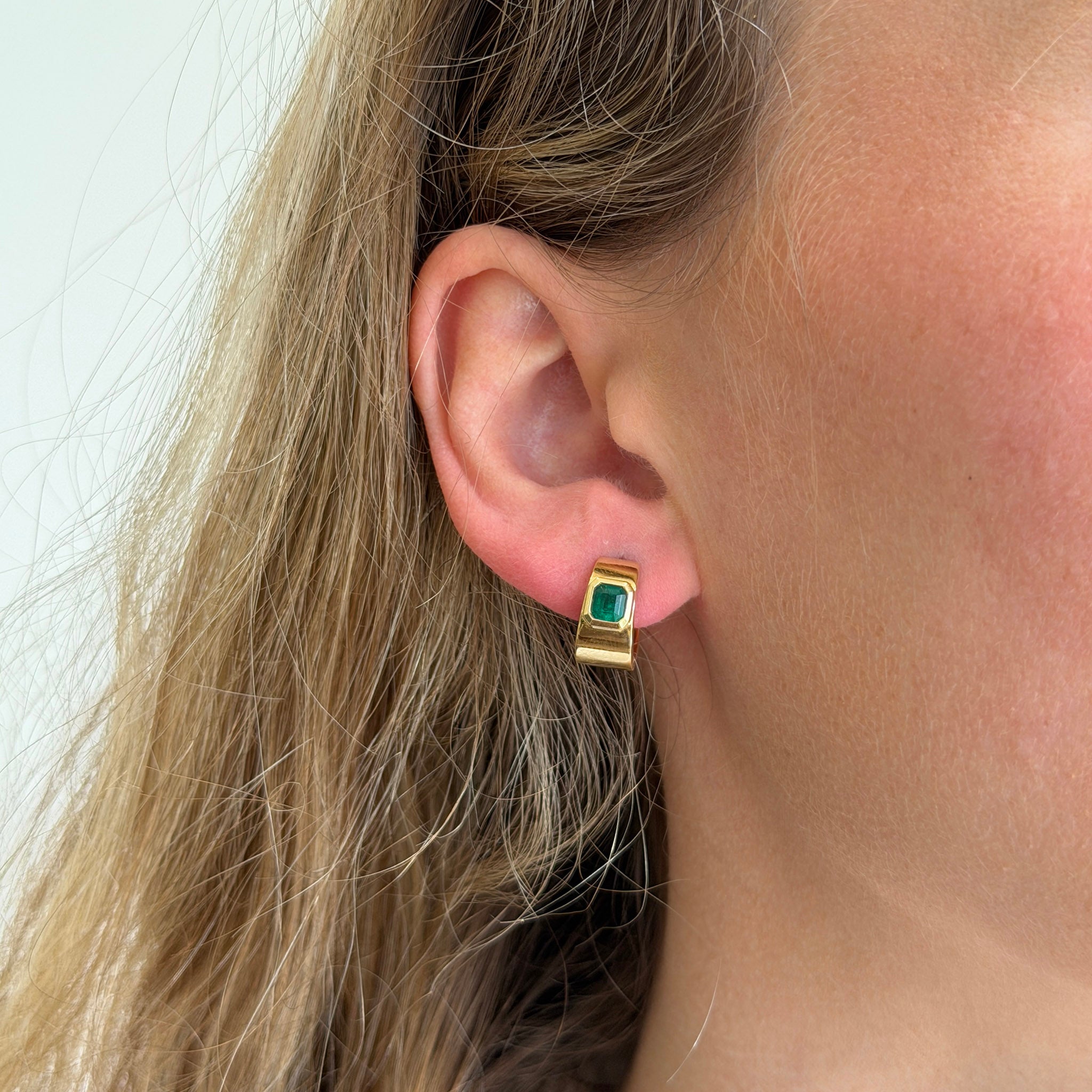 Emerald Bezel 18K Yellow Gold Huggie Earrings