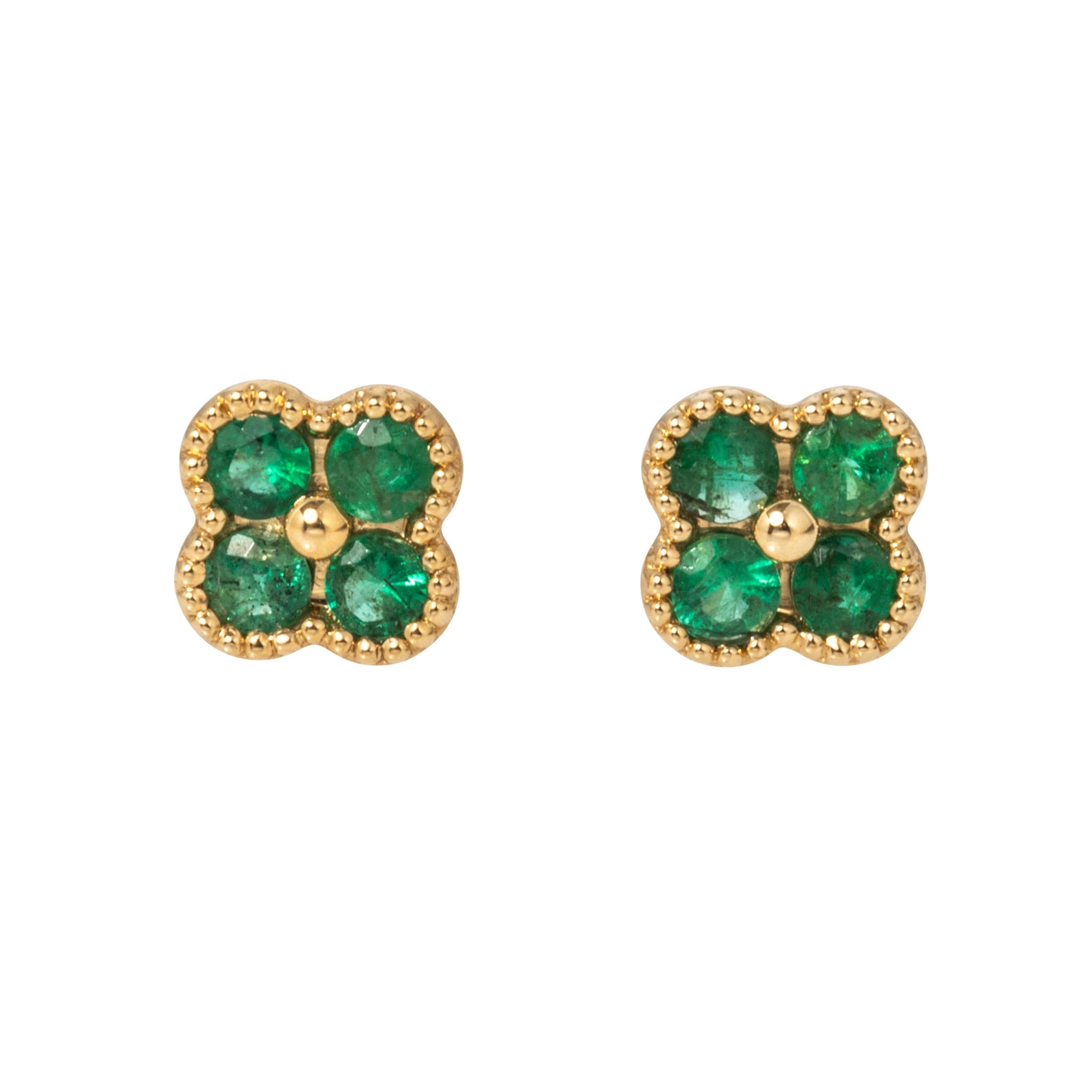Emerald 18K Yellow Gold Beaded Clover Stud Earrings