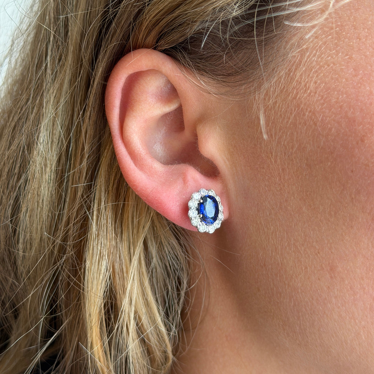 3.63ctw Oval Sapphire & Diamond Cluster 18K Gold Stud Earrings