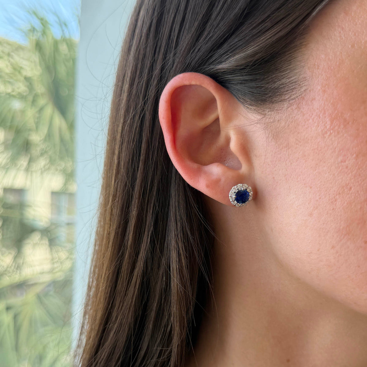 2.42ctw Round Sapphire & Diamond Cluster 18K Gold Stud Earrings