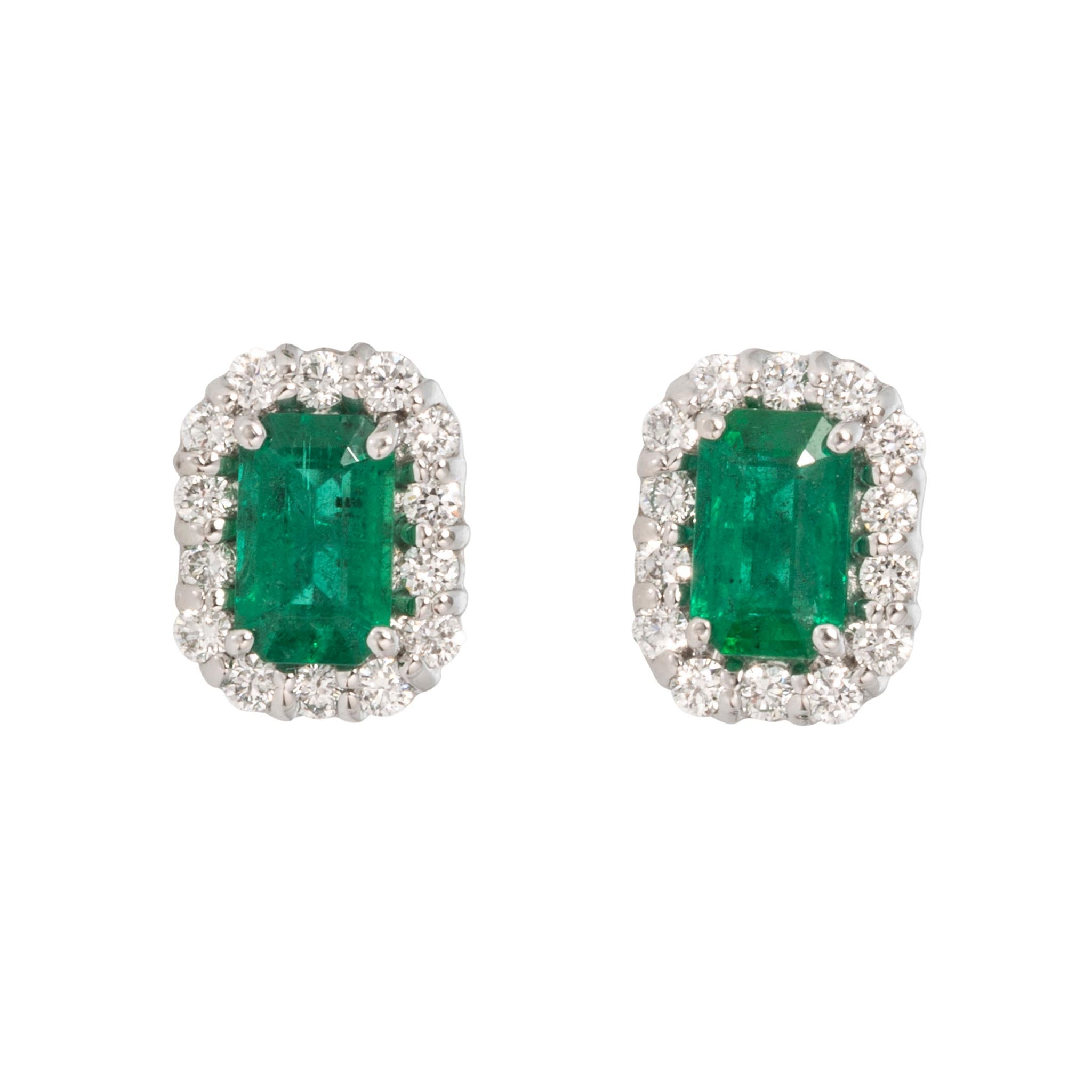 .89ctw Emerald-Cut Emerald & Diamond Cluster 18K Gold Stud Earrings