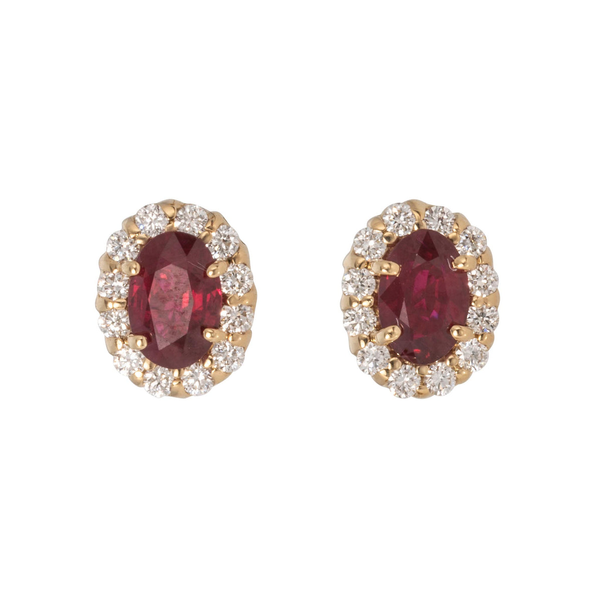 1ctw Oval Ruby & Diamond Cluster 18K Yellow Gold Stud Earrings