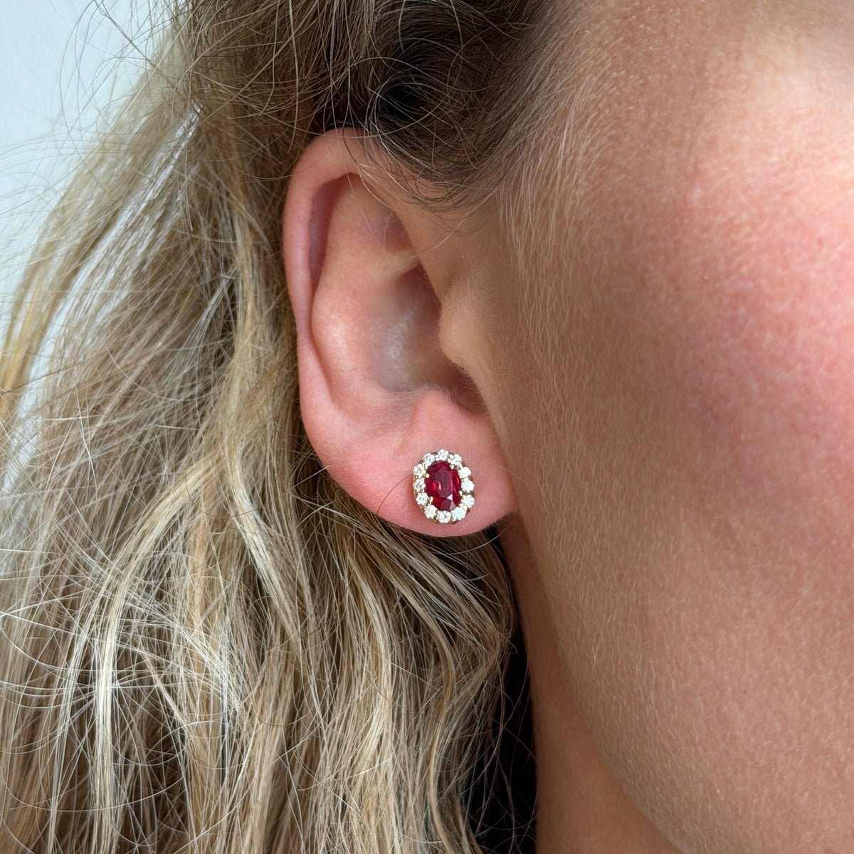 1ctw Oval Ruby & Diamond Cluster 18K Yellow Gold Stud Earrings