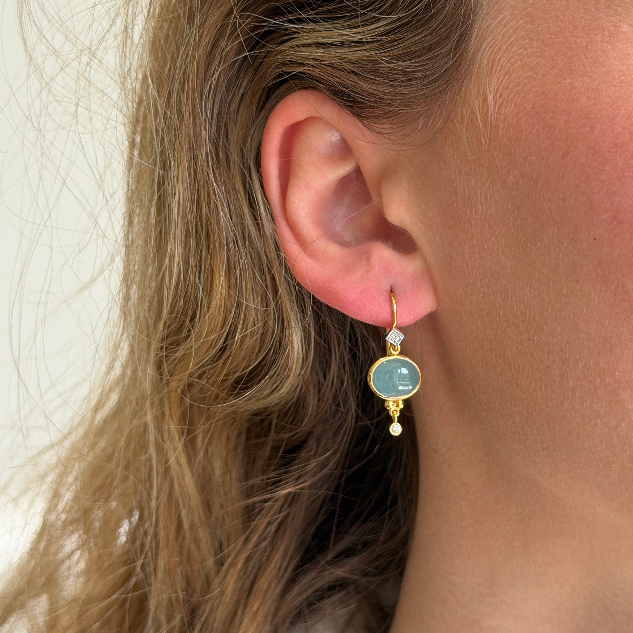 Oval Cabochon Aquamarine & Diamond 14K Gold Drop Earrings