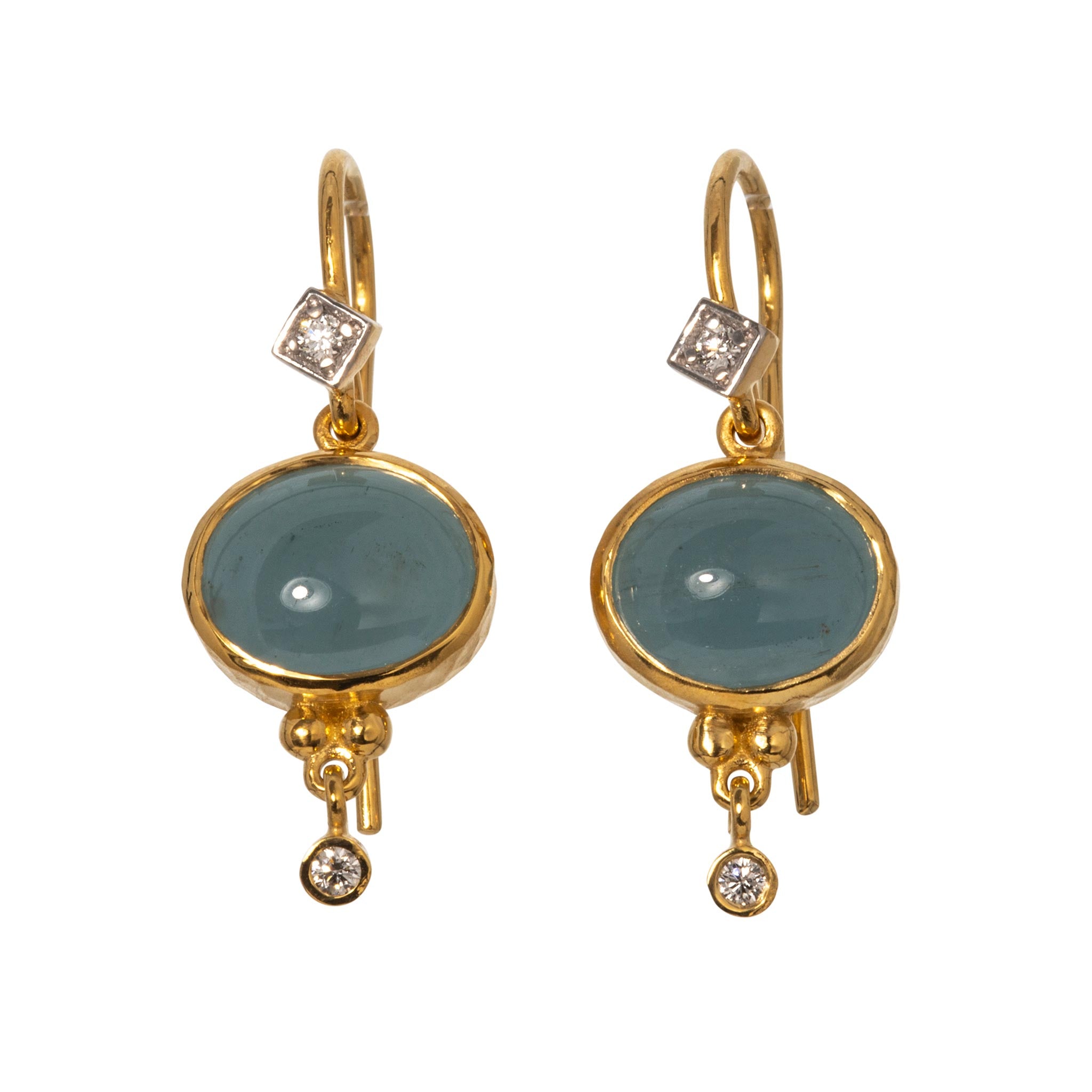 Oval Cabochon Aquamarine & Diamond 14K Gold Drop Earrings