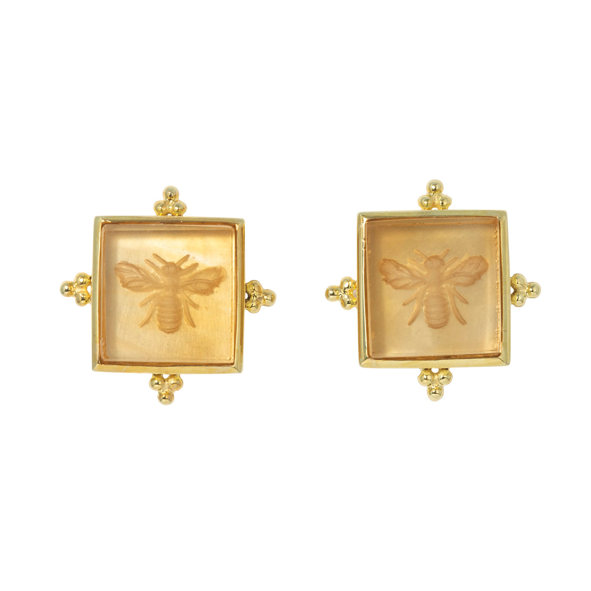 Mazza Citrine Bee Intaglio Square 14K Gold Earrings