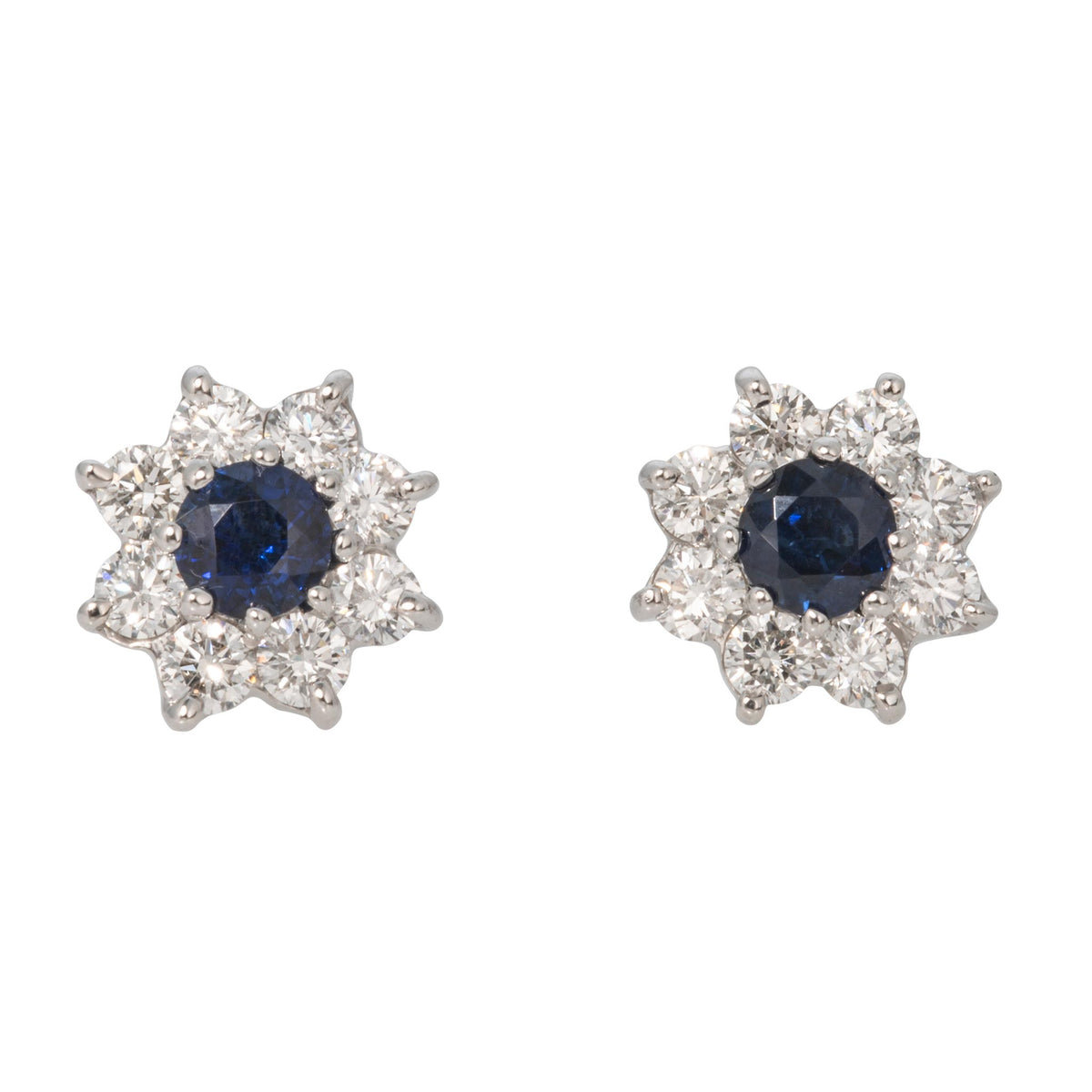 1ctw Round Sapphire & Diamond Cluster 18K White Gold Stud Earrings