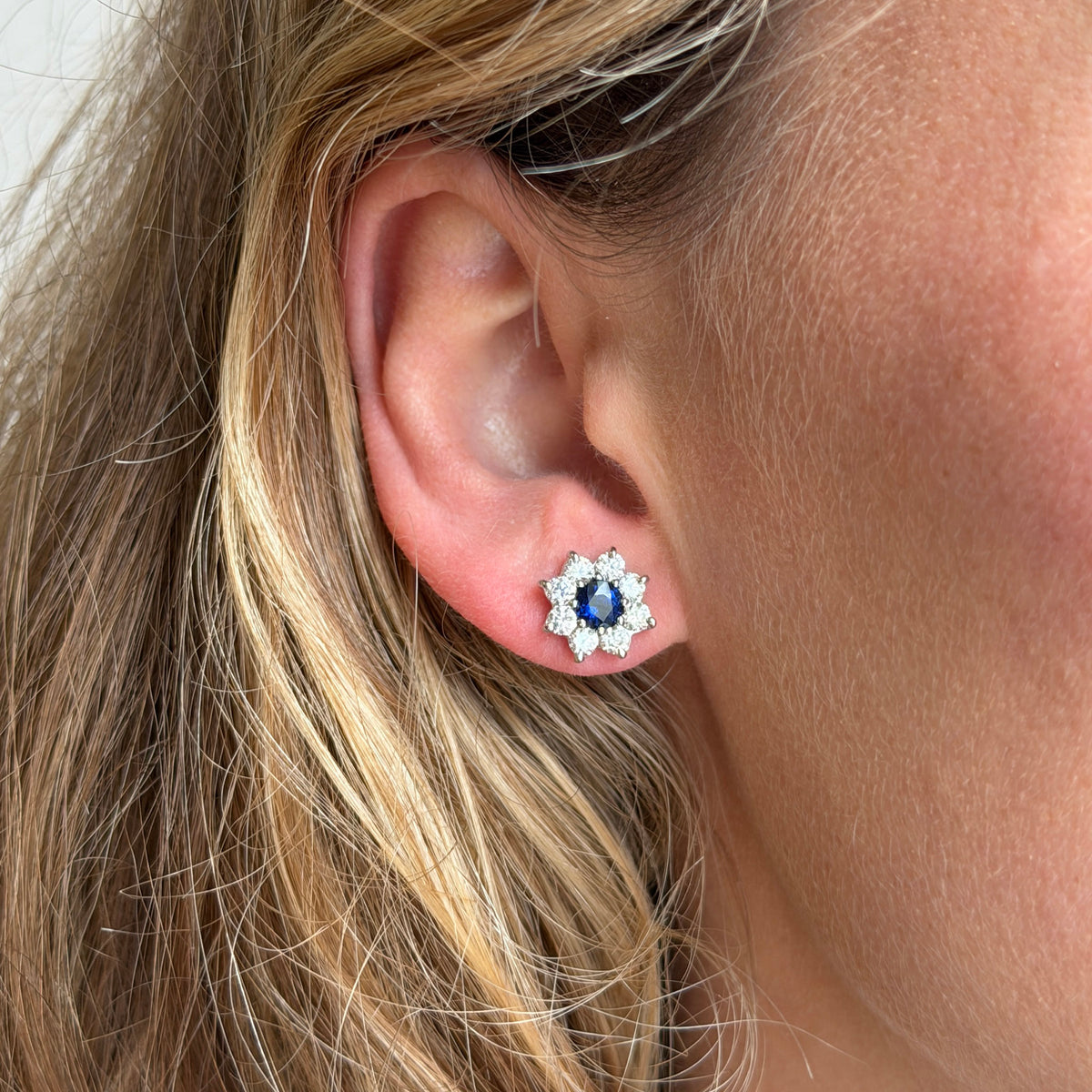 1ctw Round Sapphire & Diamond Cluster 18K White Gold Stud Earrings