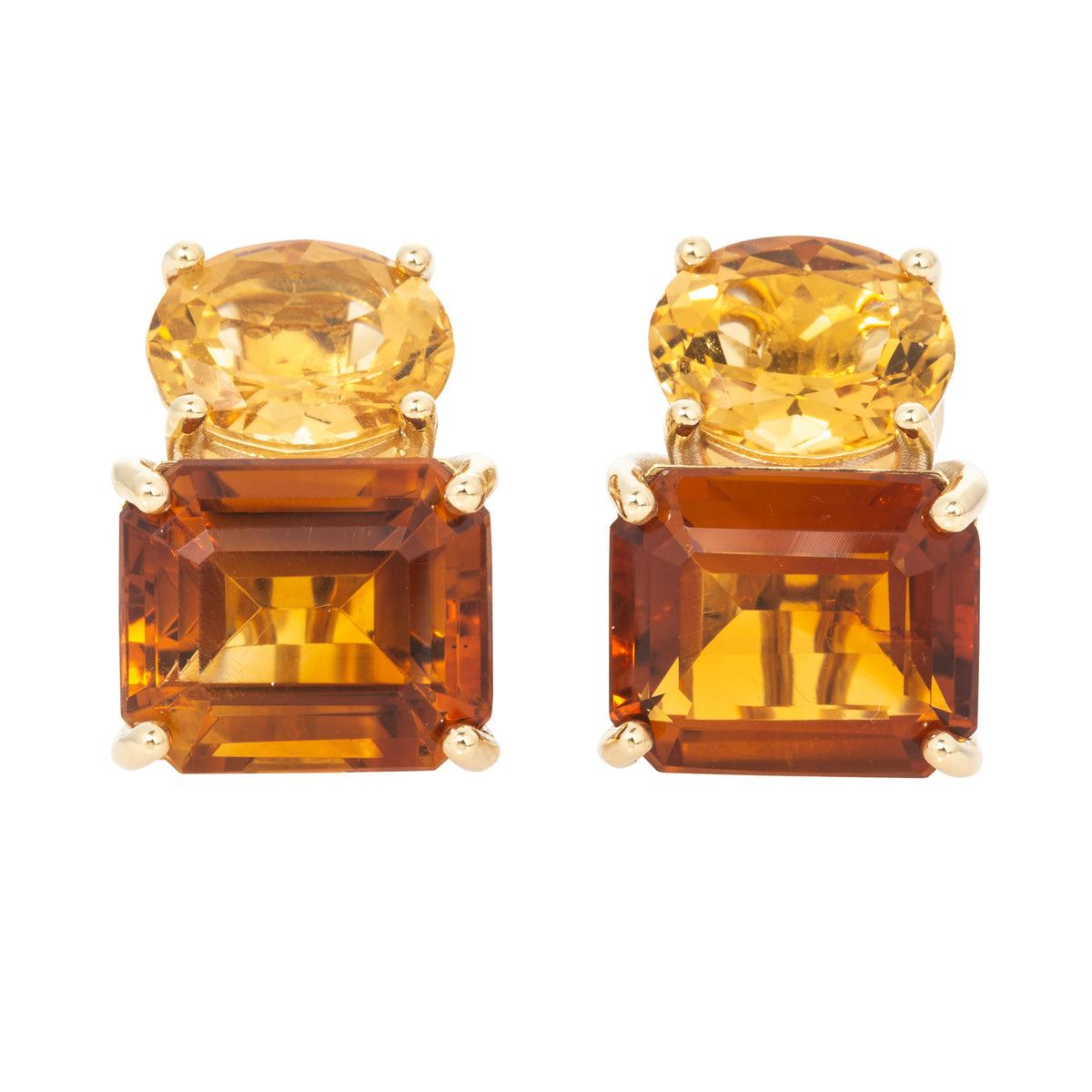 4K yellow gold two-stone earrings with oval light citrines above rectangular dark citrines, shown on a white background.