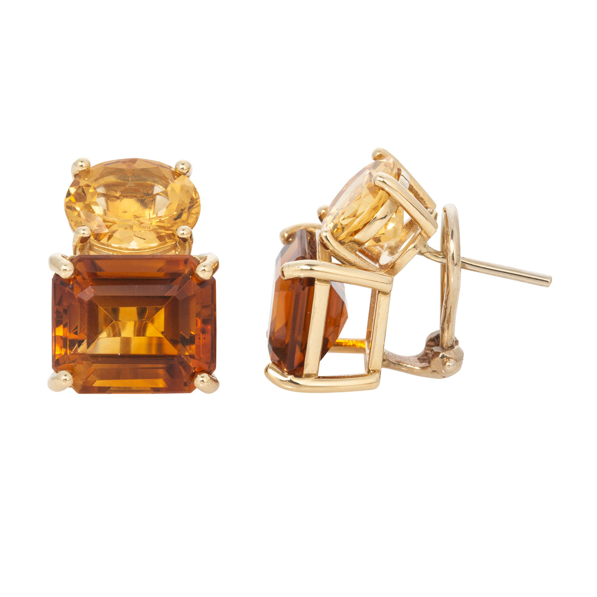 Front and side views of two-tone citrine earrings, showing 14K yellow gold prong settings, posts, and omega backs.