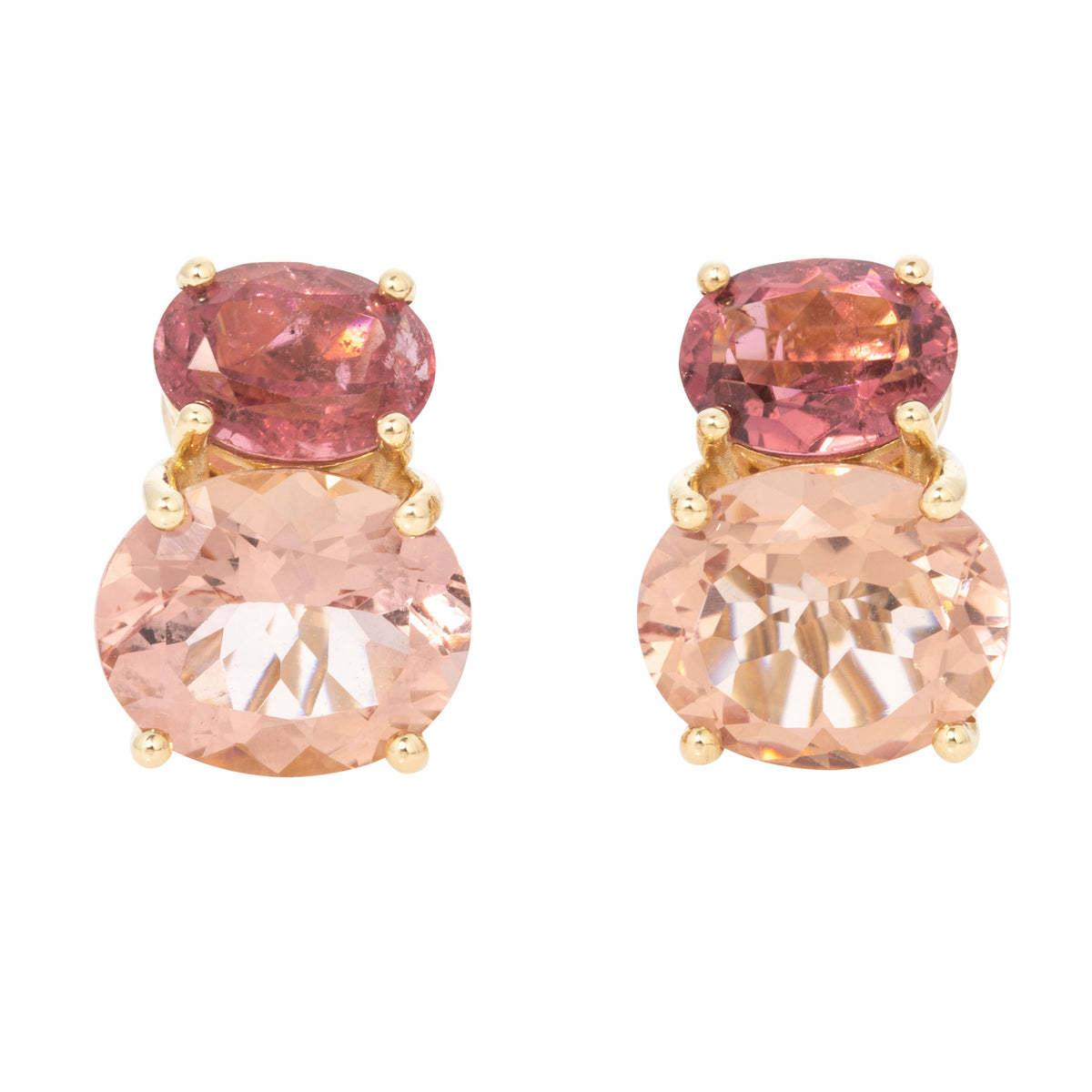 14K yellow gold two-stone earrings with oval pink tourmalines above larger pale pink morganites, shown on a white background.