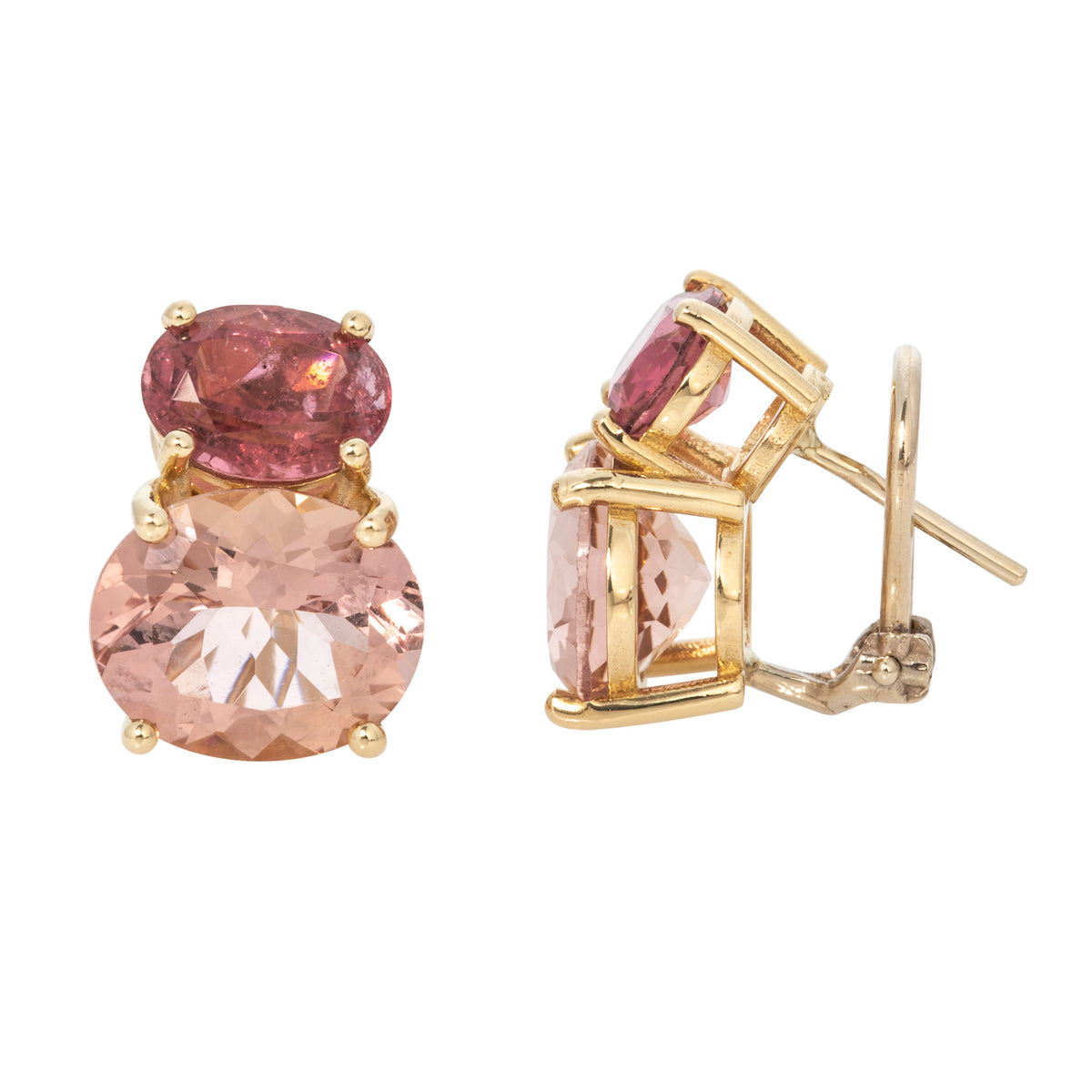 Front and side views of pink tourmaline and morganite earrings, showing 14K yellow gold prong settings, posts, and omega backs.