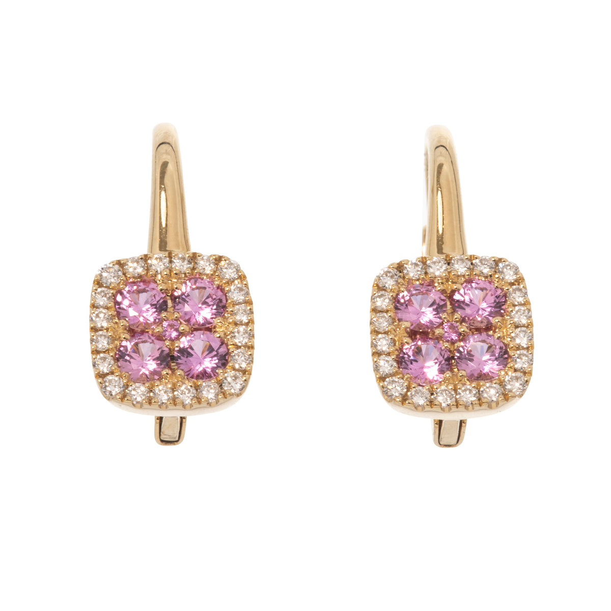 14K yellow gold leverback earrings with cushion-shaped pink sapphire clusters surrounded by round diamonds, shown on a white background.