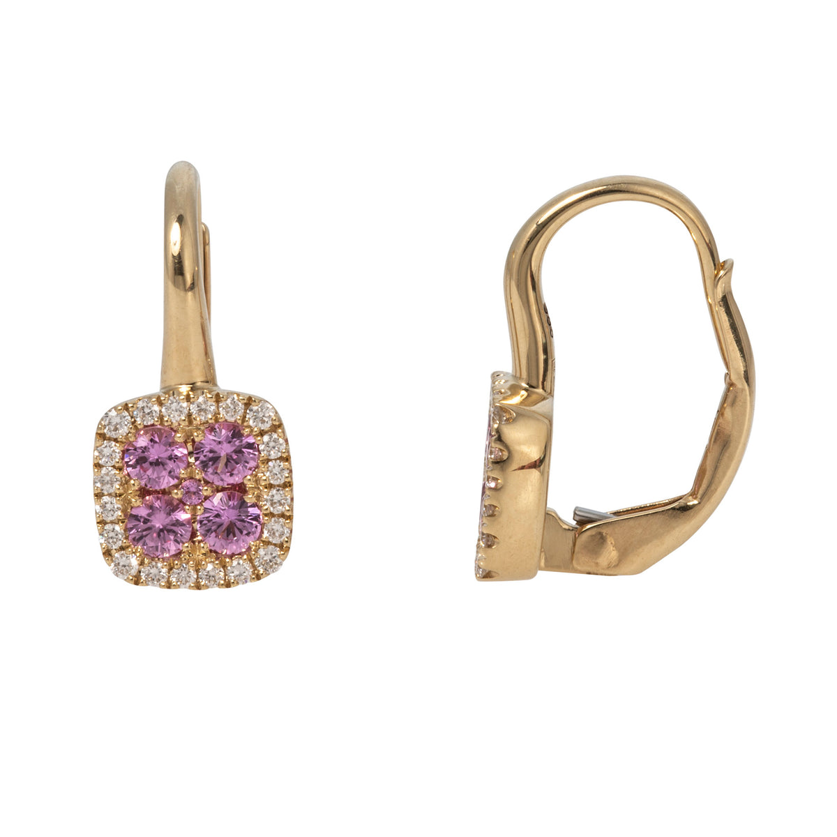Front and side views of pink sapphire and diamond cushion cluster earrings in 14K yellow gold, showing the leverback closures.