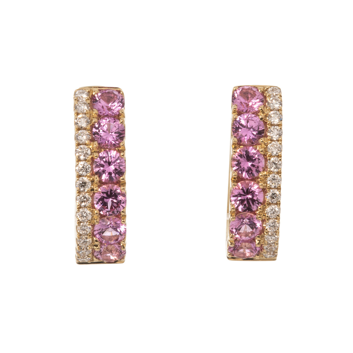 14K yellow gold huggie earrings with side-by-side rows of round pink sapphires and diamonds, shown on a white background.