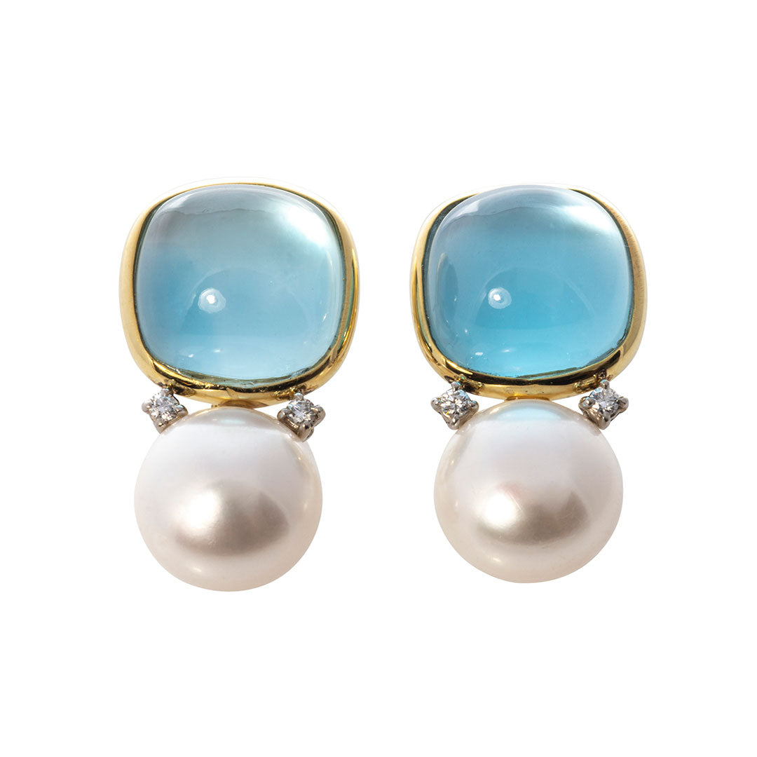 Mazza Cushion Blue Topaz & Pearl 14K Gold Earrings