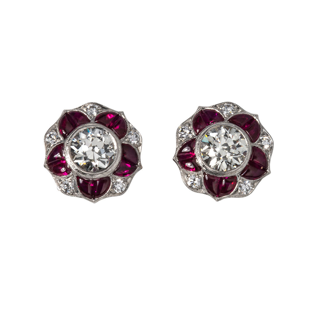 Art Deco Style Diamond & Ruby Platinum Stud Earrings