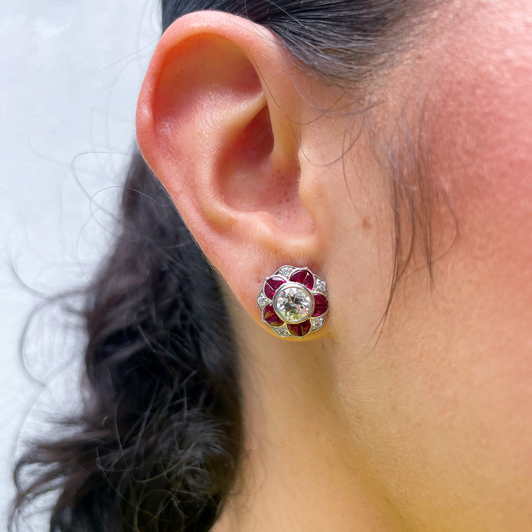 Art Deco Style Diamond & Ruby Platinum Stud Earrings