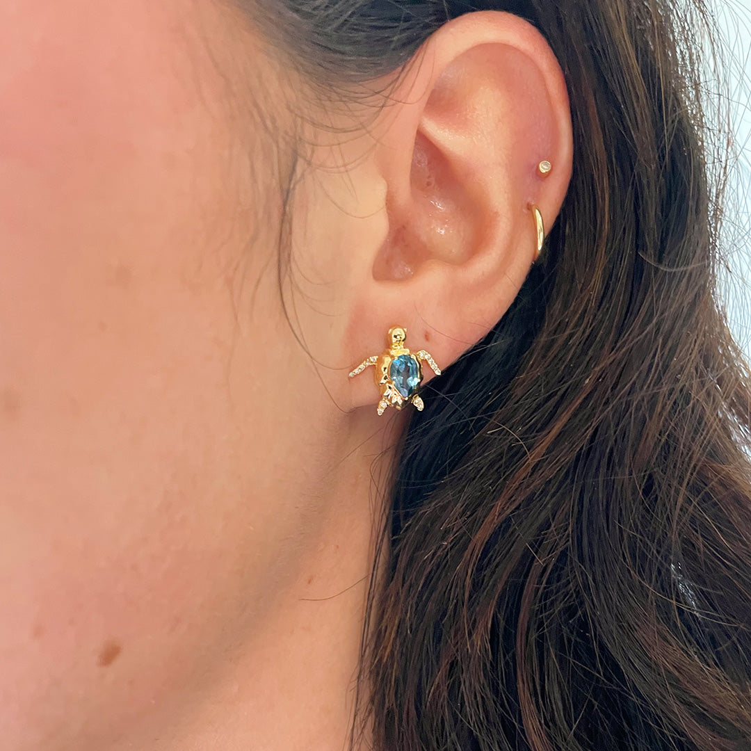 Blue Topaz & Diamond 18K Gold Sea Turtle Stud Earrings
