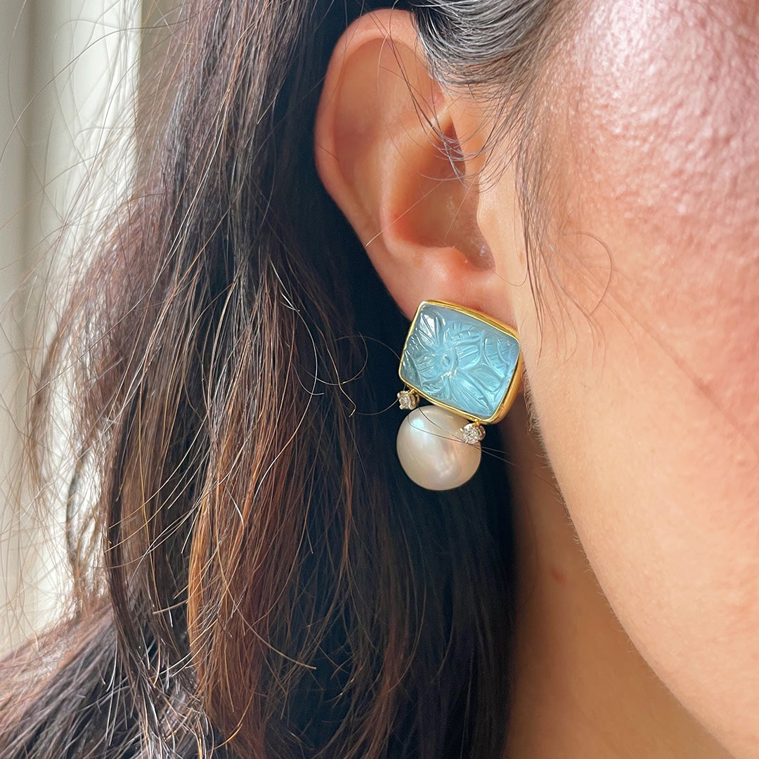 Mazza Aquamarine, Pearl & Diamond 14K Gold Earrings