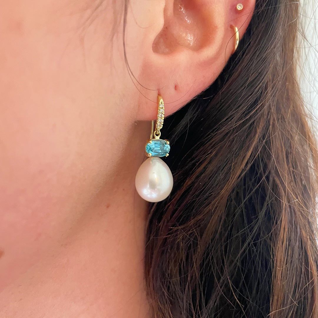 Pearl, Blue Zircon & Diamond 18K Gold Drop Earrings