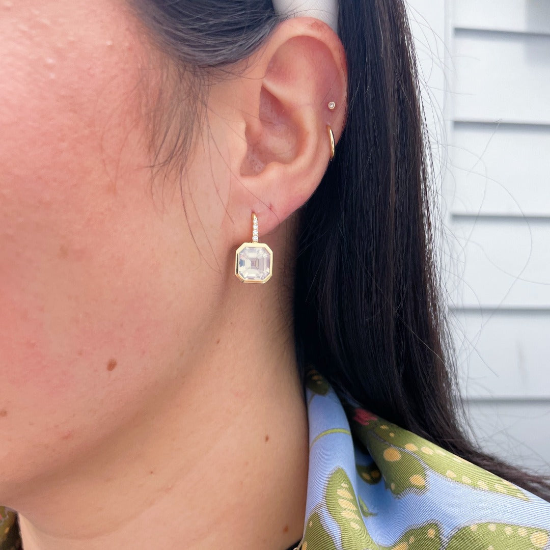 Goshwara Asscher Cut Moon Quartz & Diamond 18K Yellow Gold Earrings