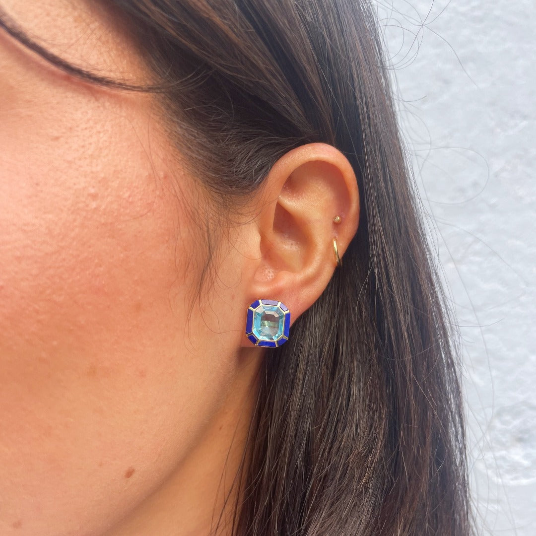 Goshwara Blue Topaz & Lapis Lazuli Inlay 18K Gold Stud Earrings