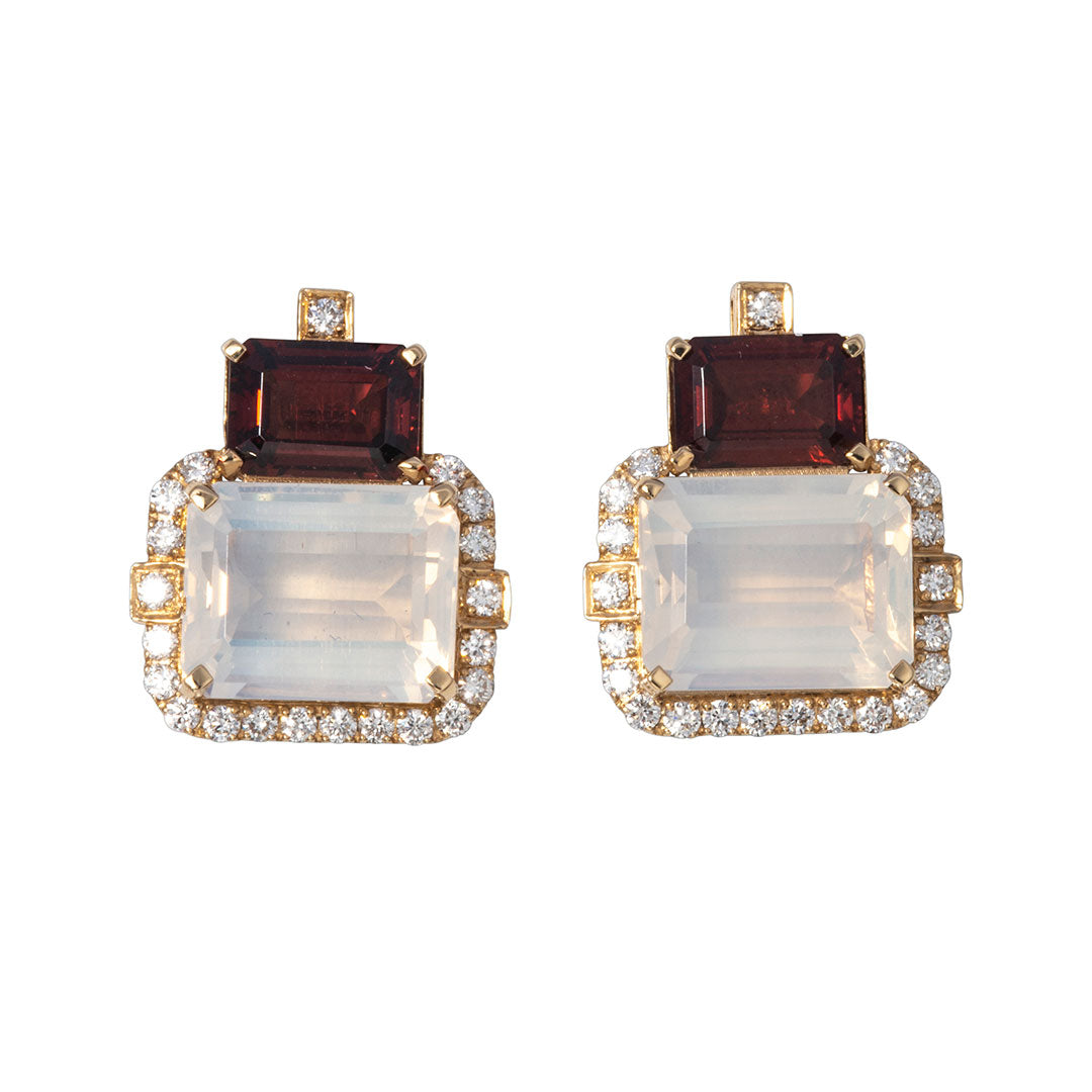 Goshwara 2 Stone Moon Quartz & Garnet 18K Gold Earrings