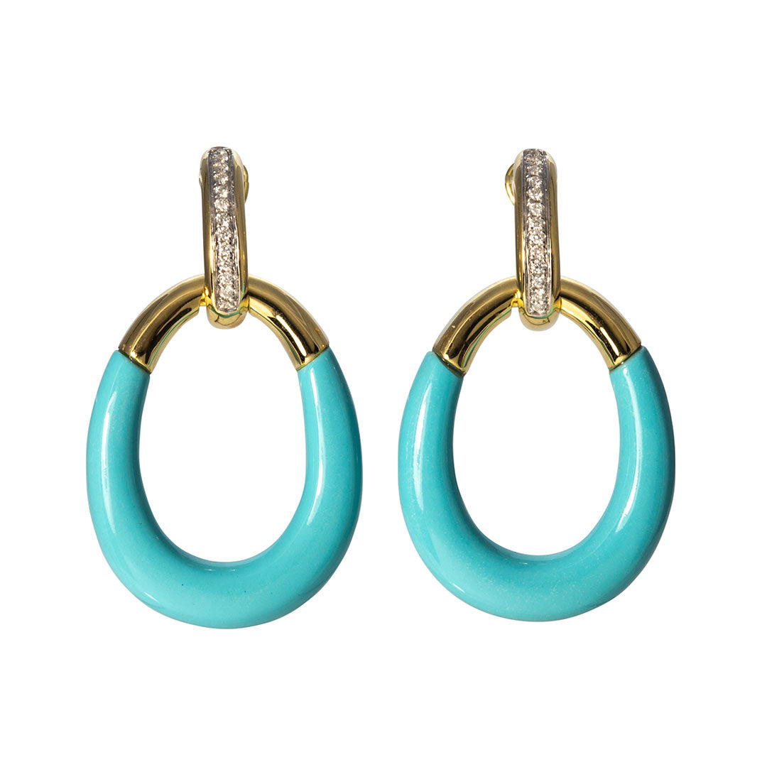 Diamond & Turquoise 14K Yellow Gold Oval Drop Earrings
