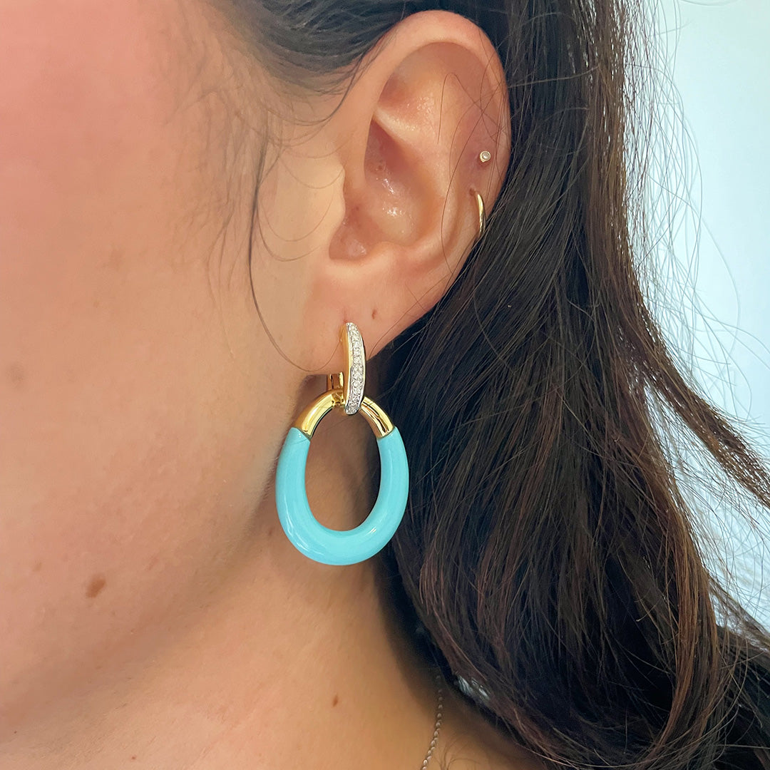Diamond & Turquoise 14K Yellow Gold Oval Drop Earrings