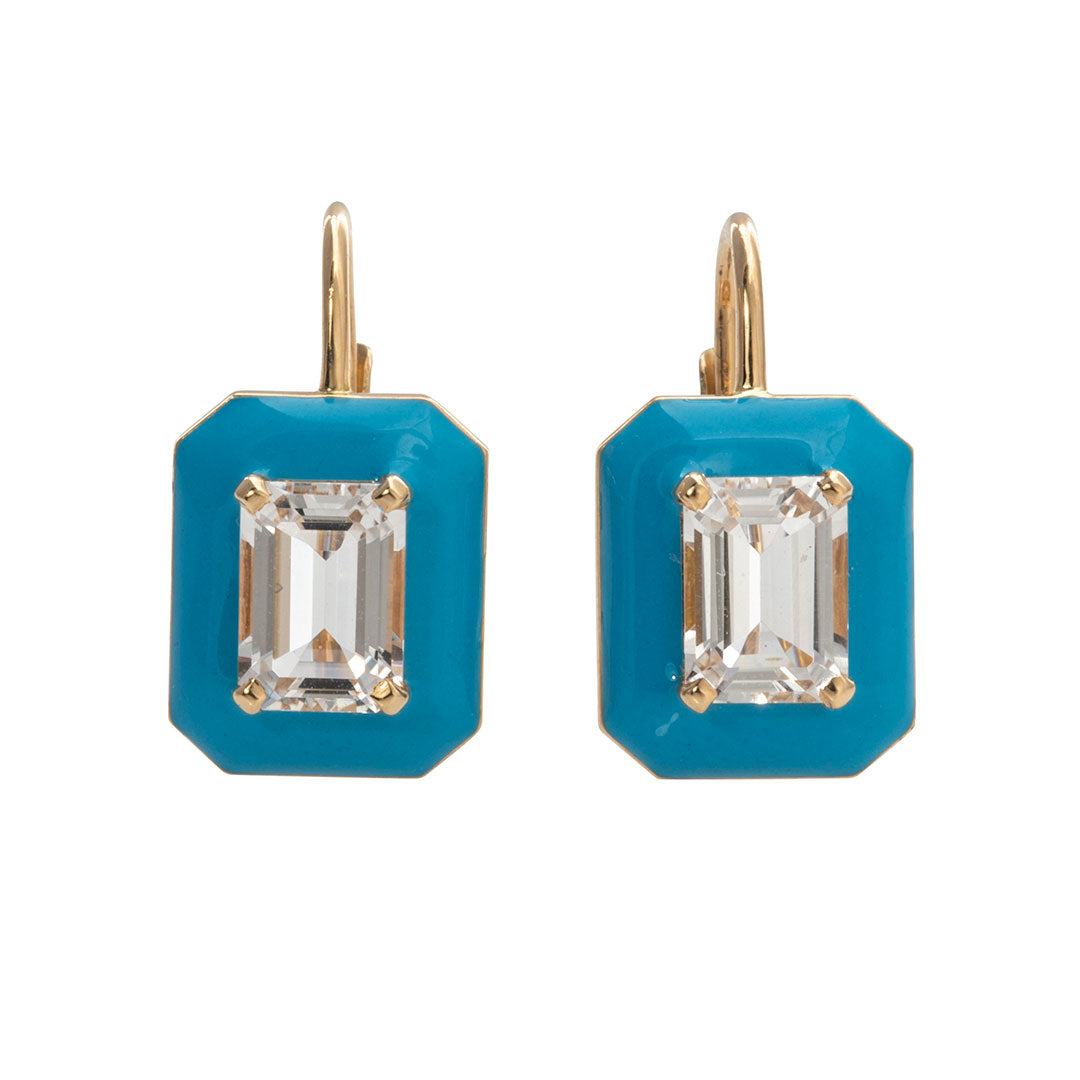 Goshwara Emerald Cut Rock Crystal & Turquoise Enamel 18K Gold Earrings