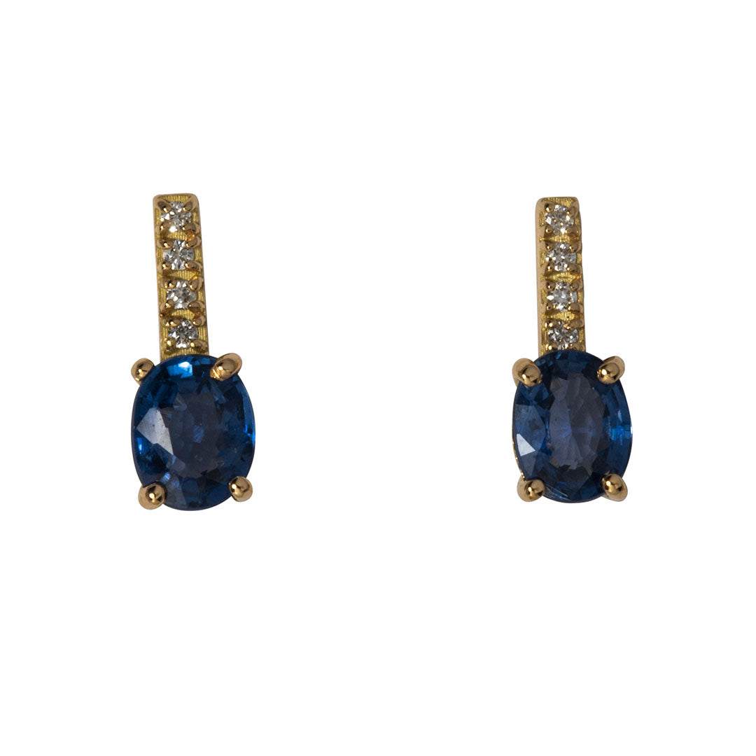 Blue Sapphire & Diamond Pavé Bar 18K Gold Stud Earrings