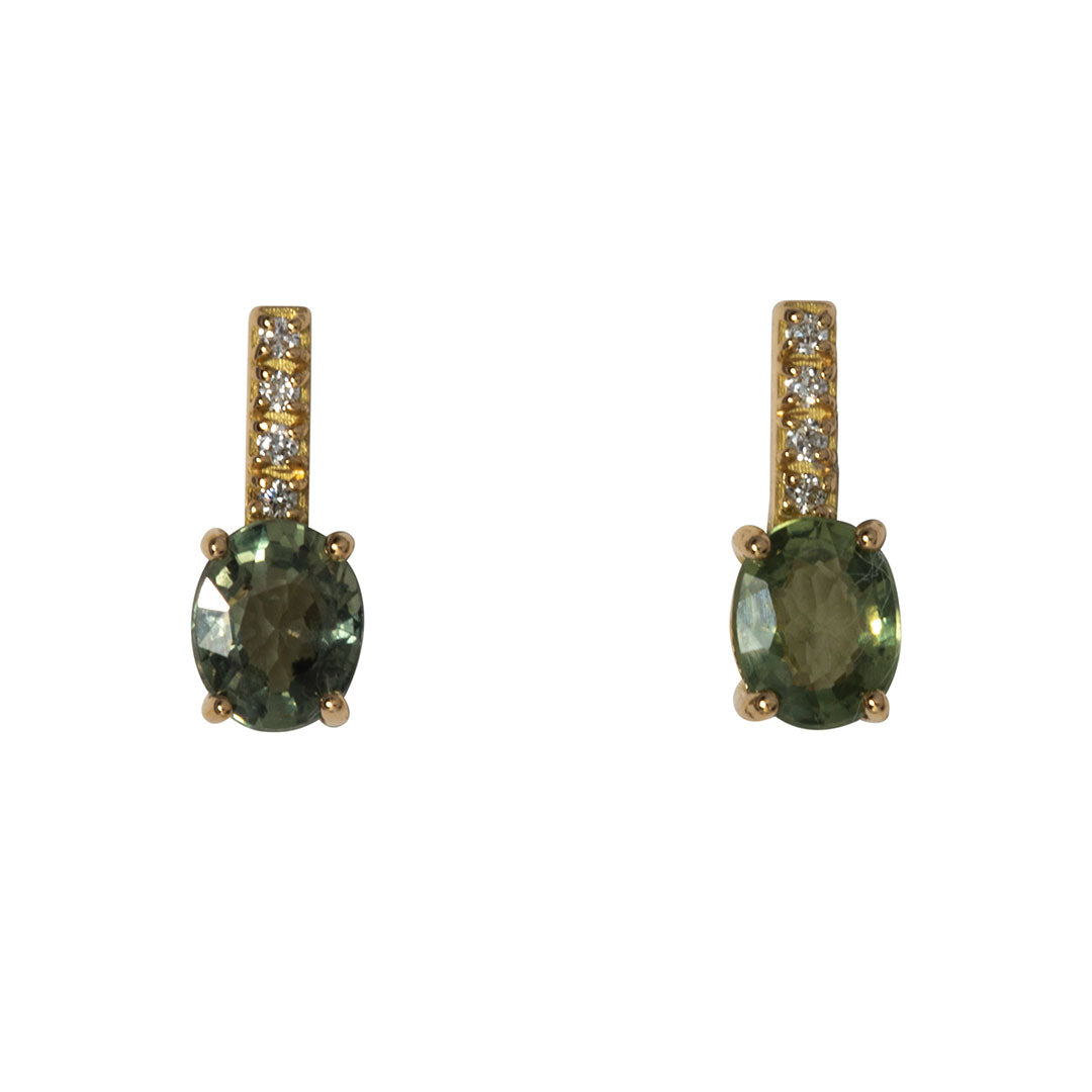 Green Sapphire & Diamond Pavé Bar 18K Gold Stud Earrings