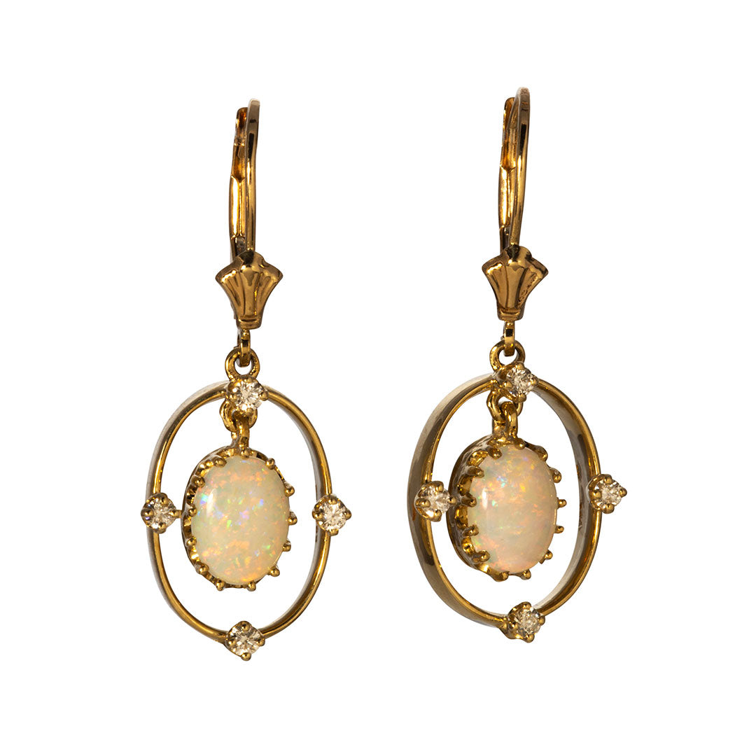 Opal & Diamond 14K Yellow Gold Oval Drop Earrings