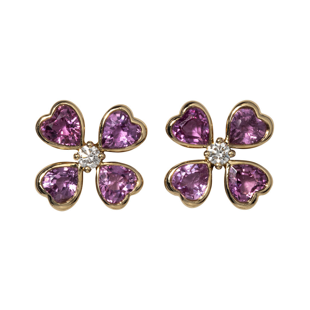 Pink Sapphire & Diamond 14K Gold Clover Stud Earrings