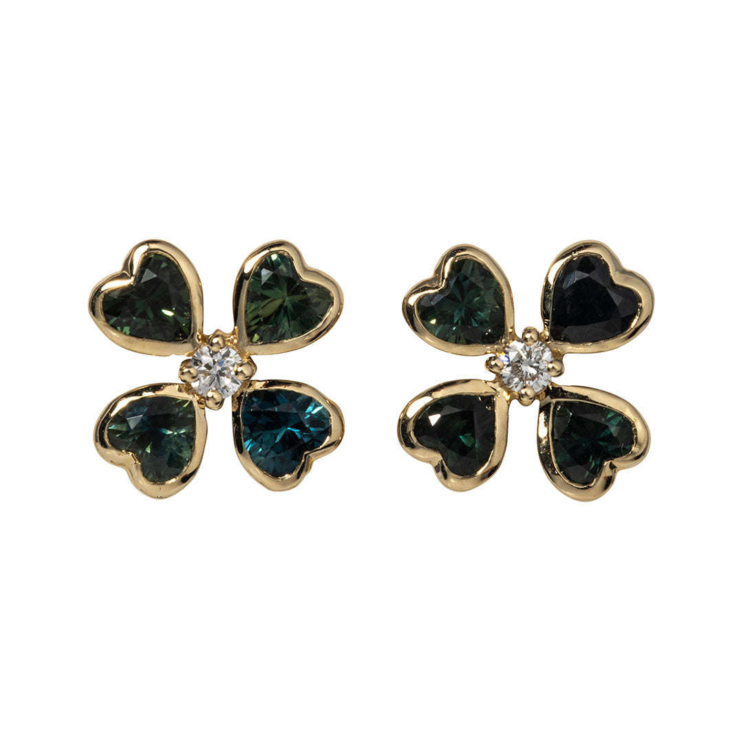 Green Sapphire & Diamond 14K Gold Clover Stud Earrings
