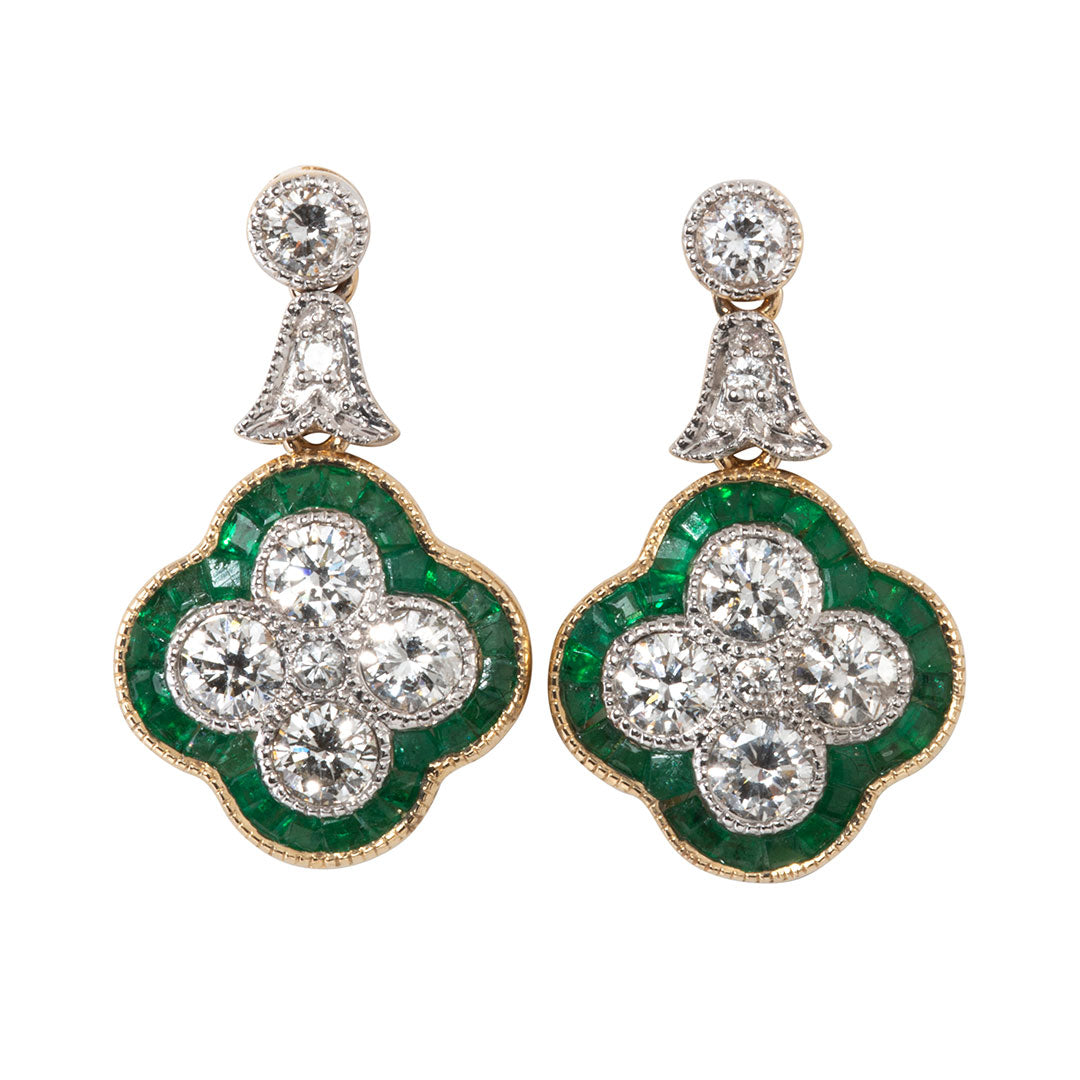 Emerald & Diamond Quatrefoil Drop 14K Gold Earrings