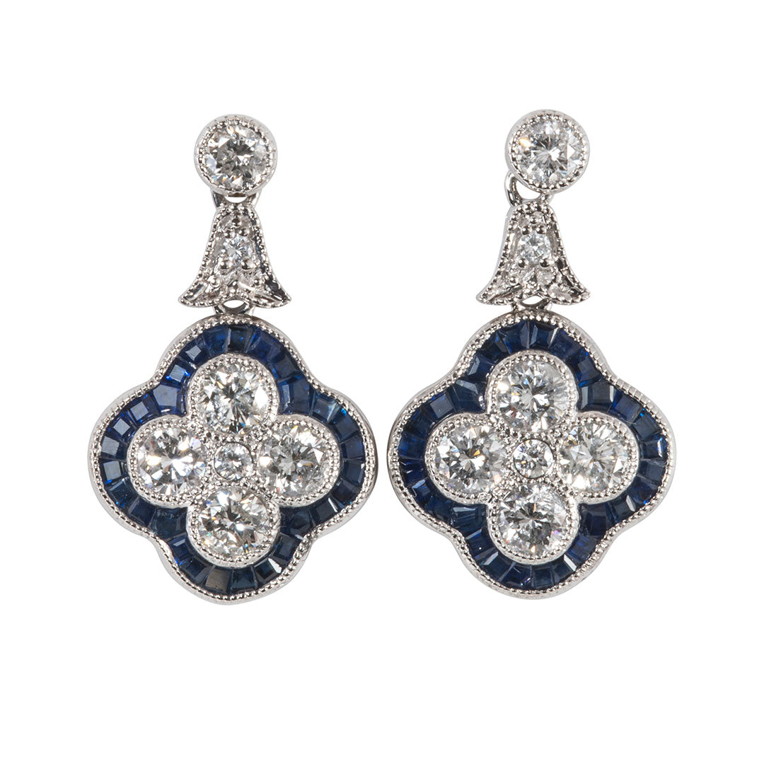 Sapphire & Diamond Quatrefoil Drop 14K Gold Earrings