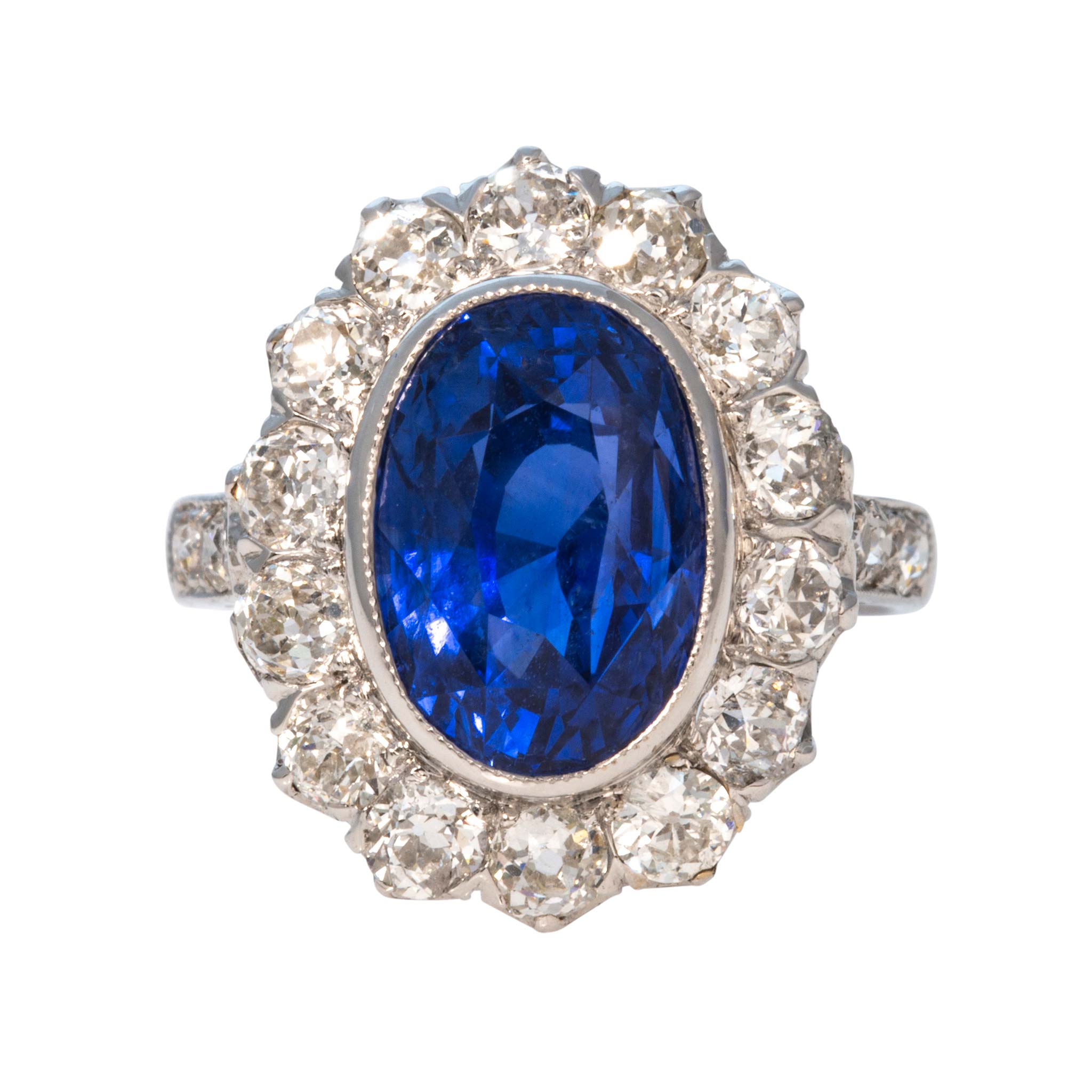 Edwardian Style Oval Sapphire & Diamond Cluster 18K Gold Ring