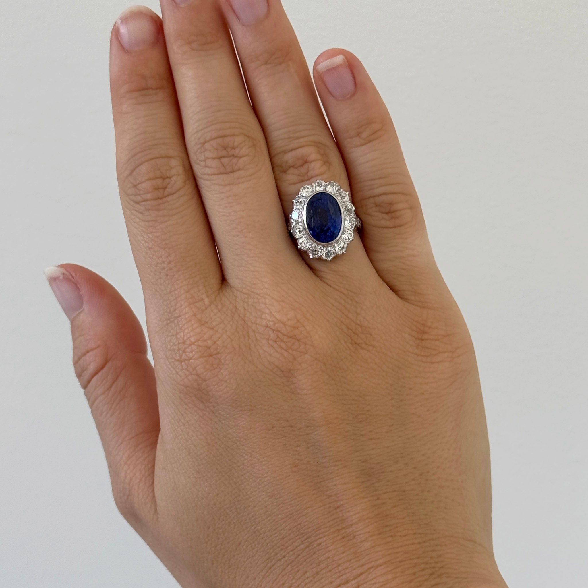 Edwardian Style Oval Sapphire & Diamond Cluster 18K Gold Ring