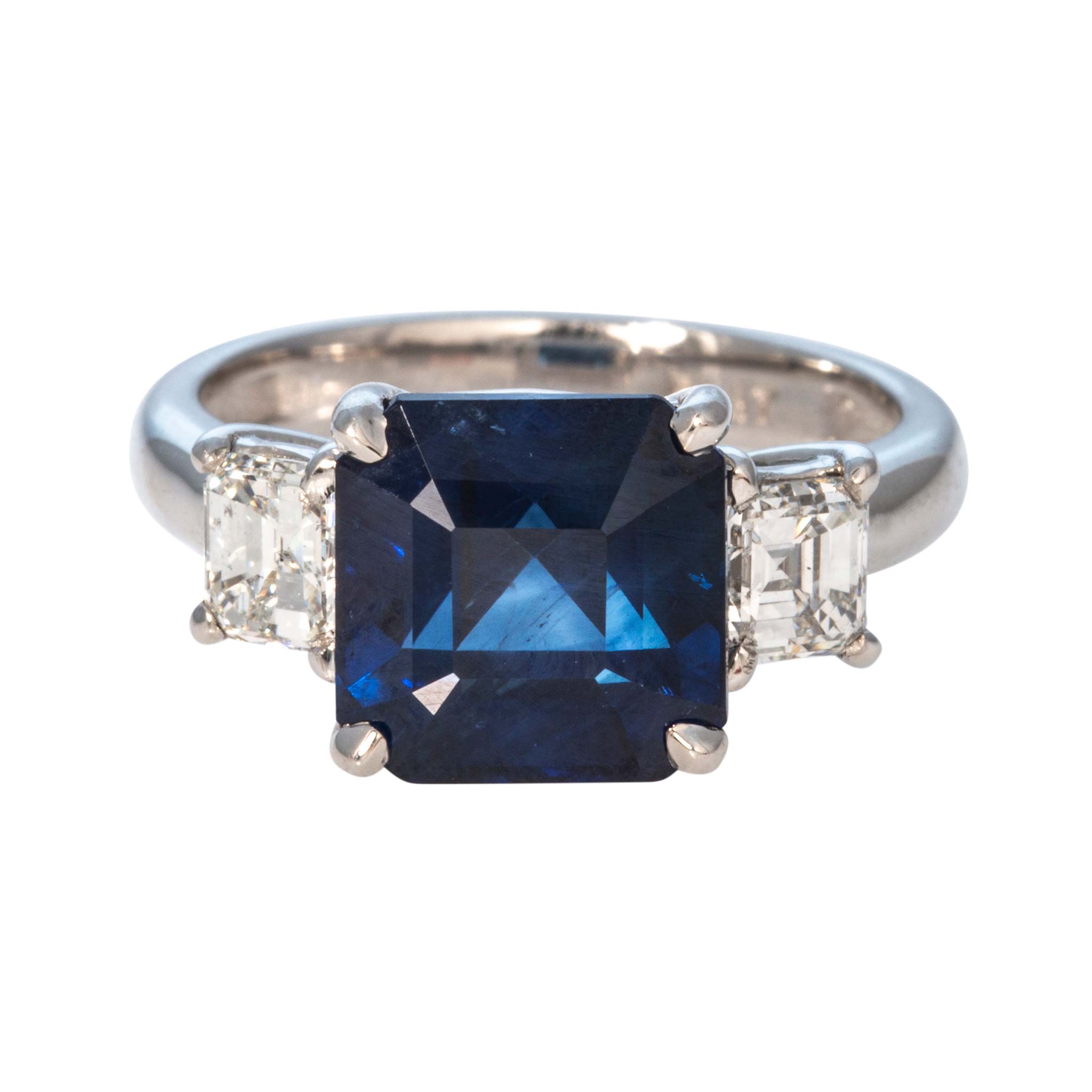 Estate Square Emerald-Cut Sapphire & Diamond Platinum Ring