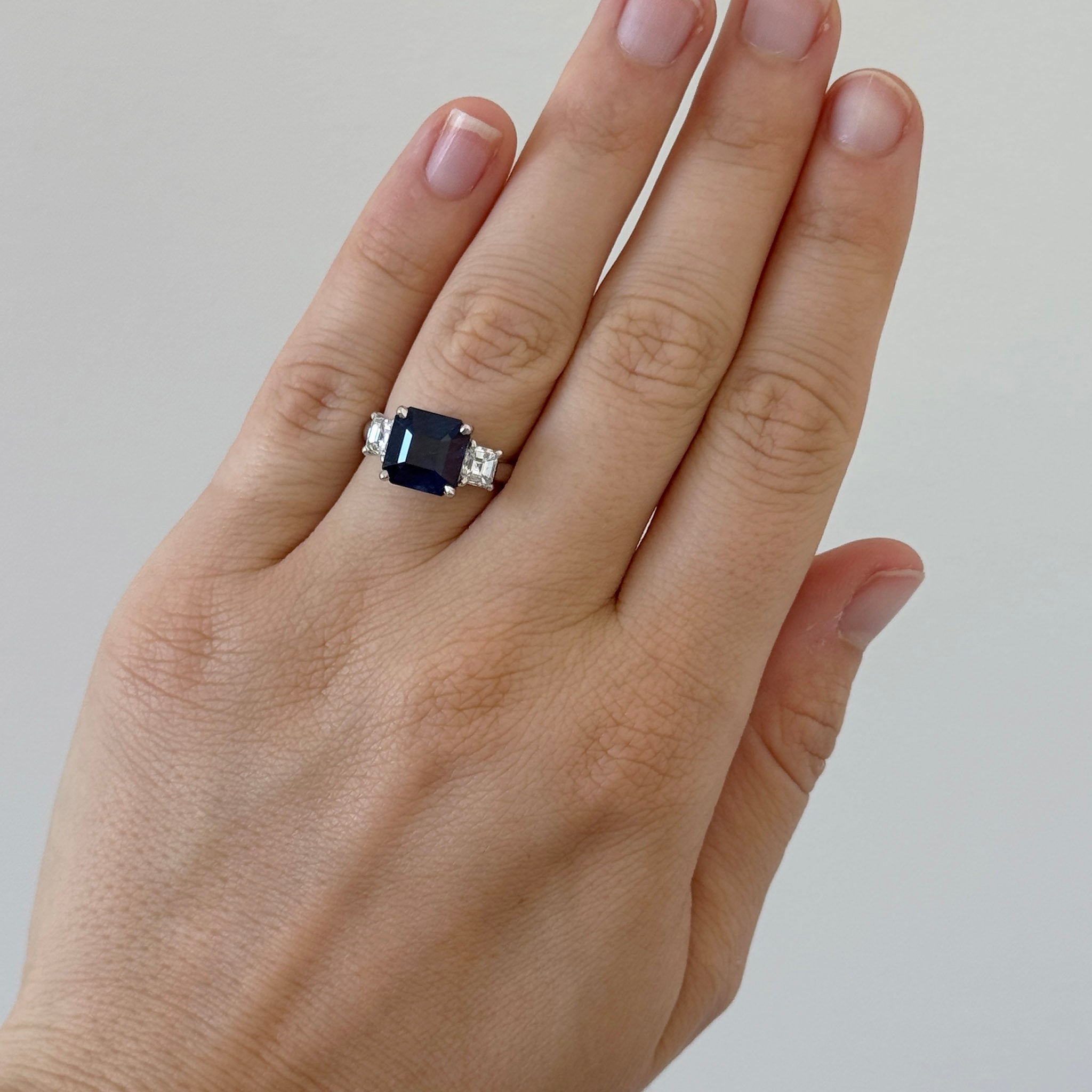 Estate Square Emerald-Cut Sapphire Diamond Platinum Ring